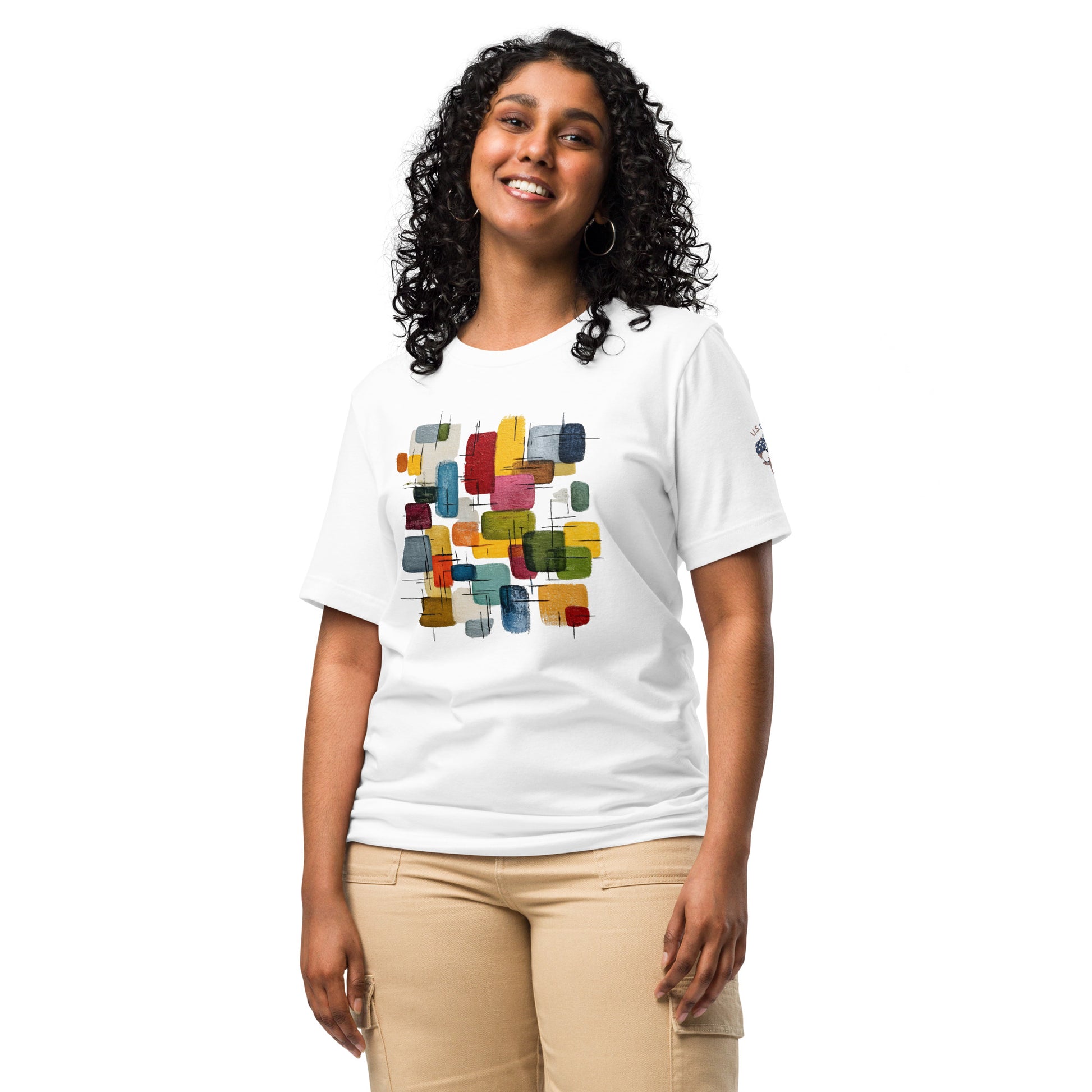 Product mockup. Woman standing in white T-shirt with colorful abstract rectangles and lines on the front.