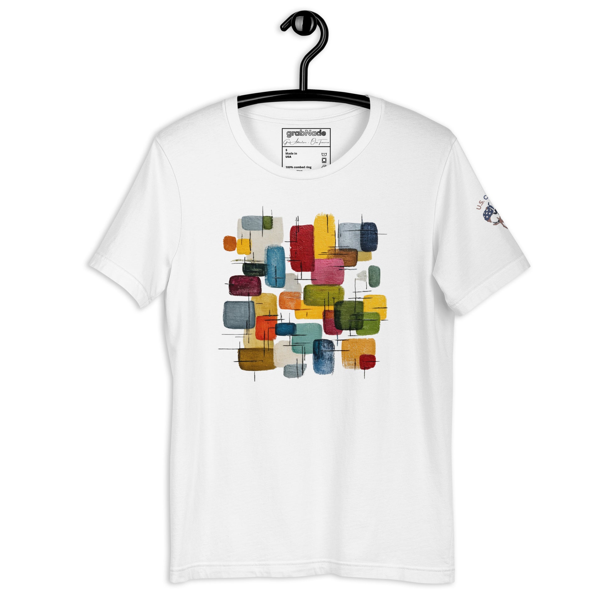 Product mockup. White T-shirt on a hanger, abstract pattern of colorful rectangles and lines on front.
