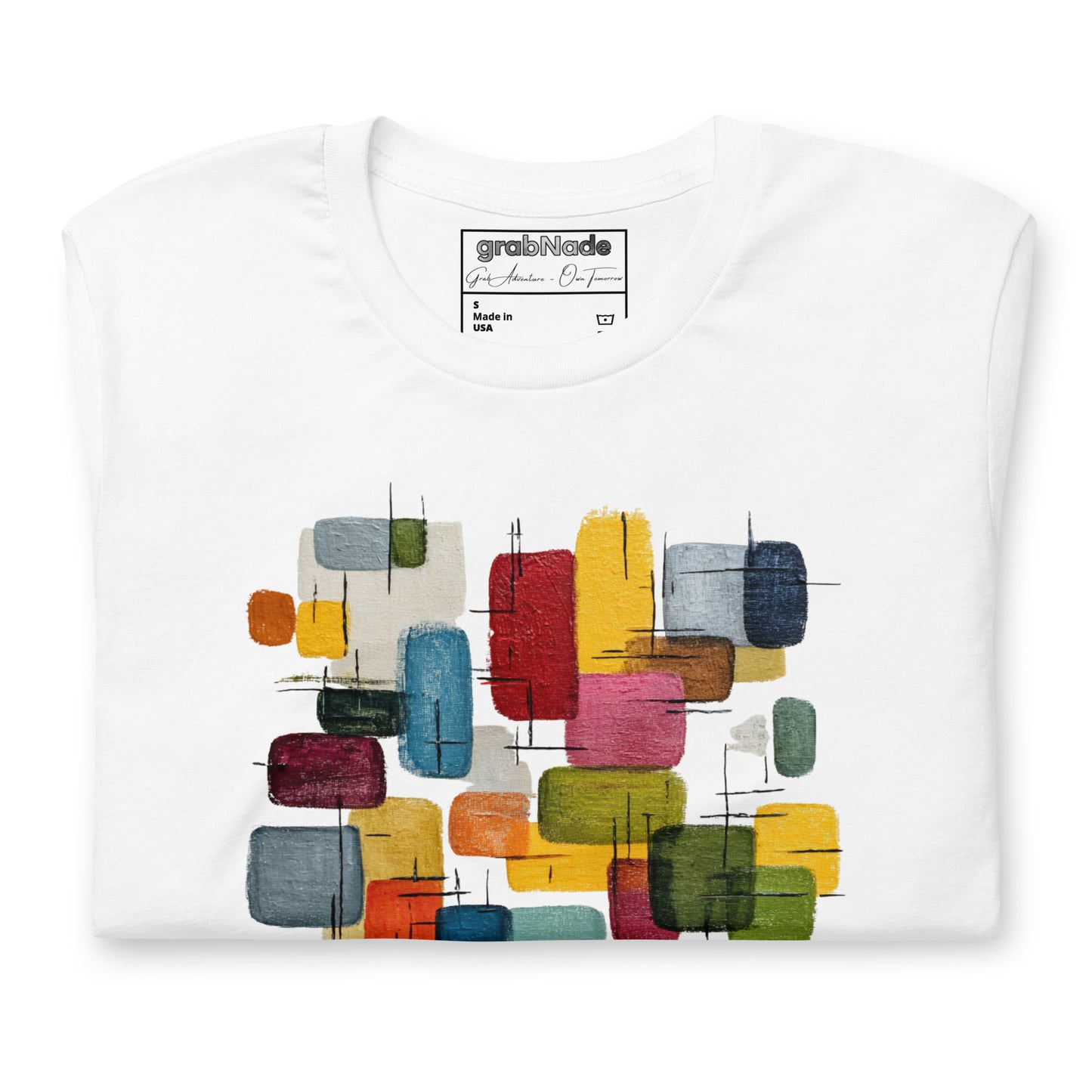 Product mockup. Folded white T-shirt, showing abstract pattern of colorful rectangles with thin black lines.