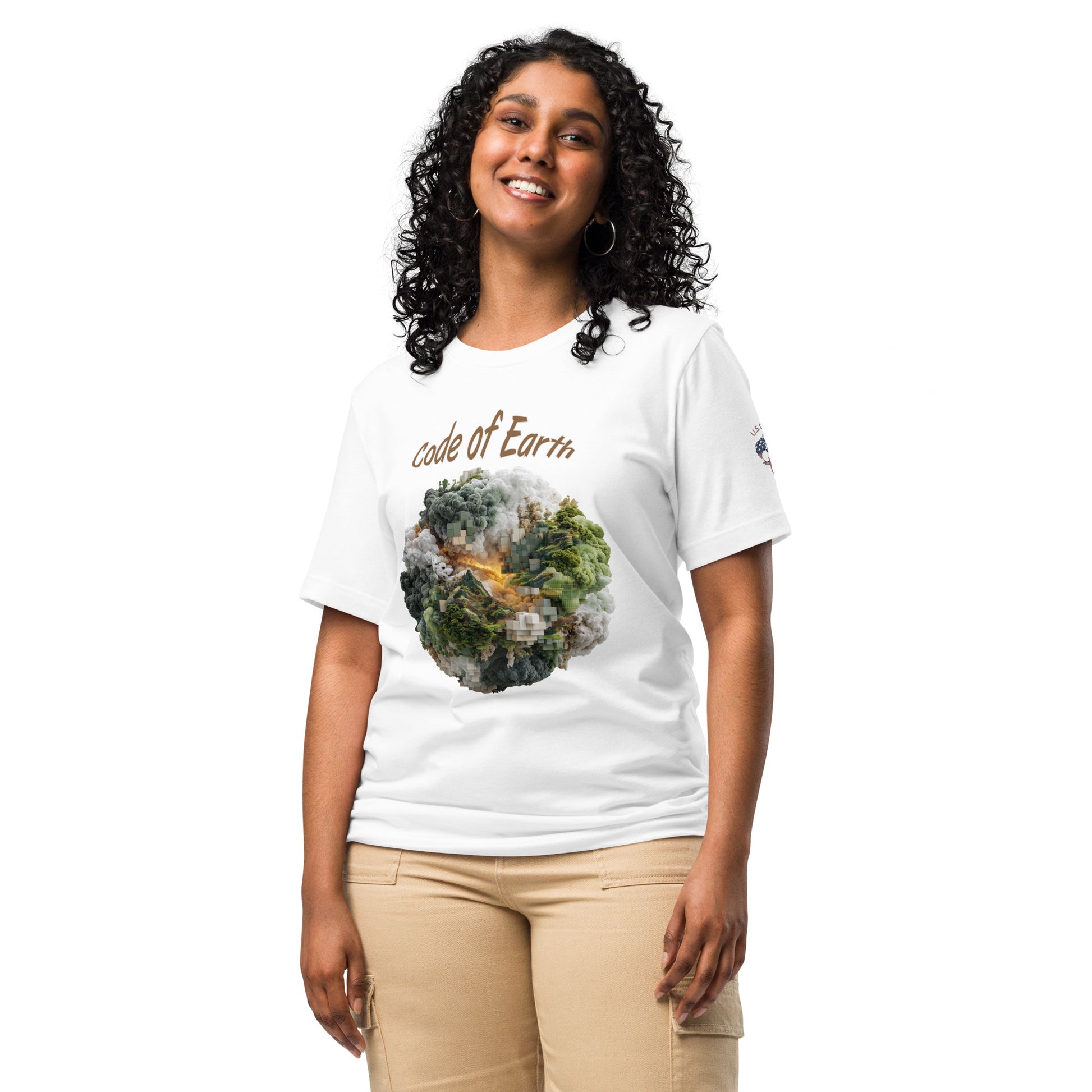Product mockup. Woman in white T-shirt with “Code of Earth” text and globe illustration of nature, smoke, and pixelation.