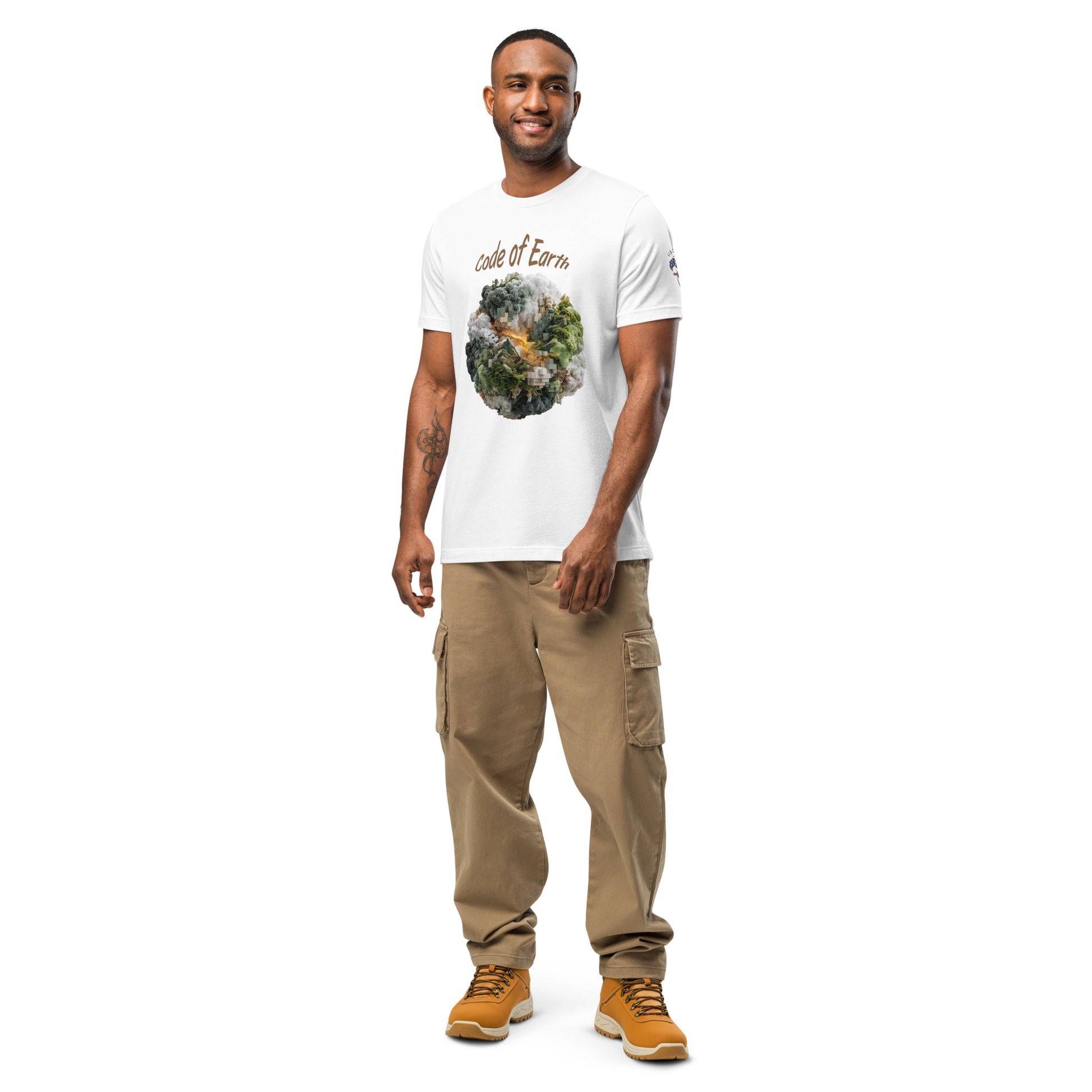 Product mockup. Man in white T-shirt with “Code of Earth” text and globe graphic of forest, clouds, and pixel details.