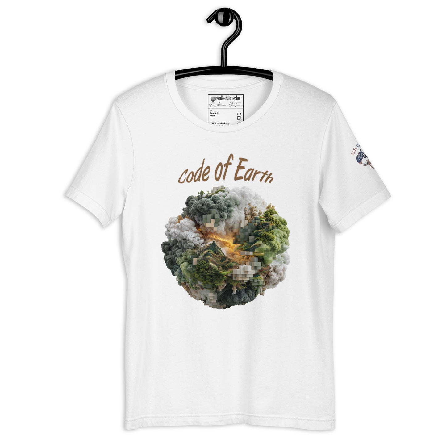 Product mockup. White T-shirt on a hanger featuring "Code of Earth" text and a globe with smoke and pixelated landscape.