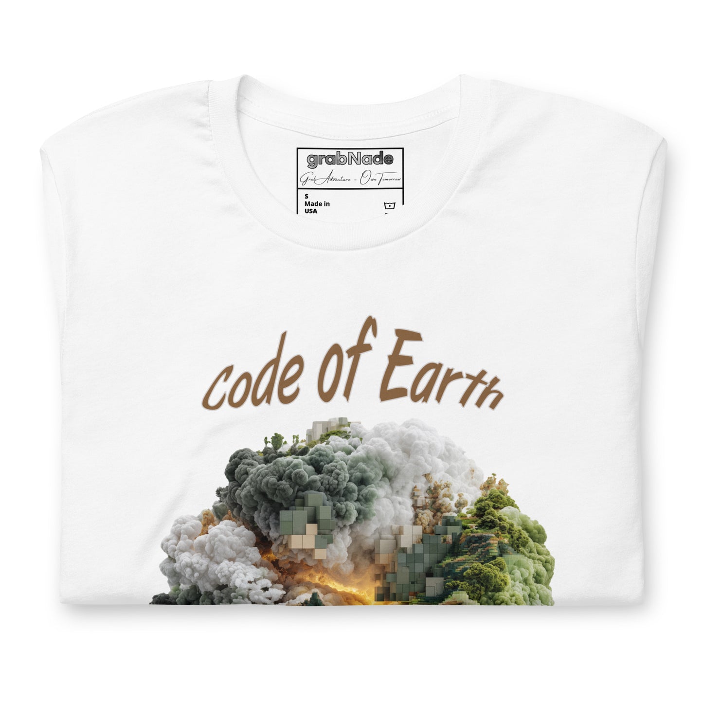 Product mockup. Folded white T-shirt with “Code of Earth” text and an image of the earth with clouds, pixelation, and greenery.