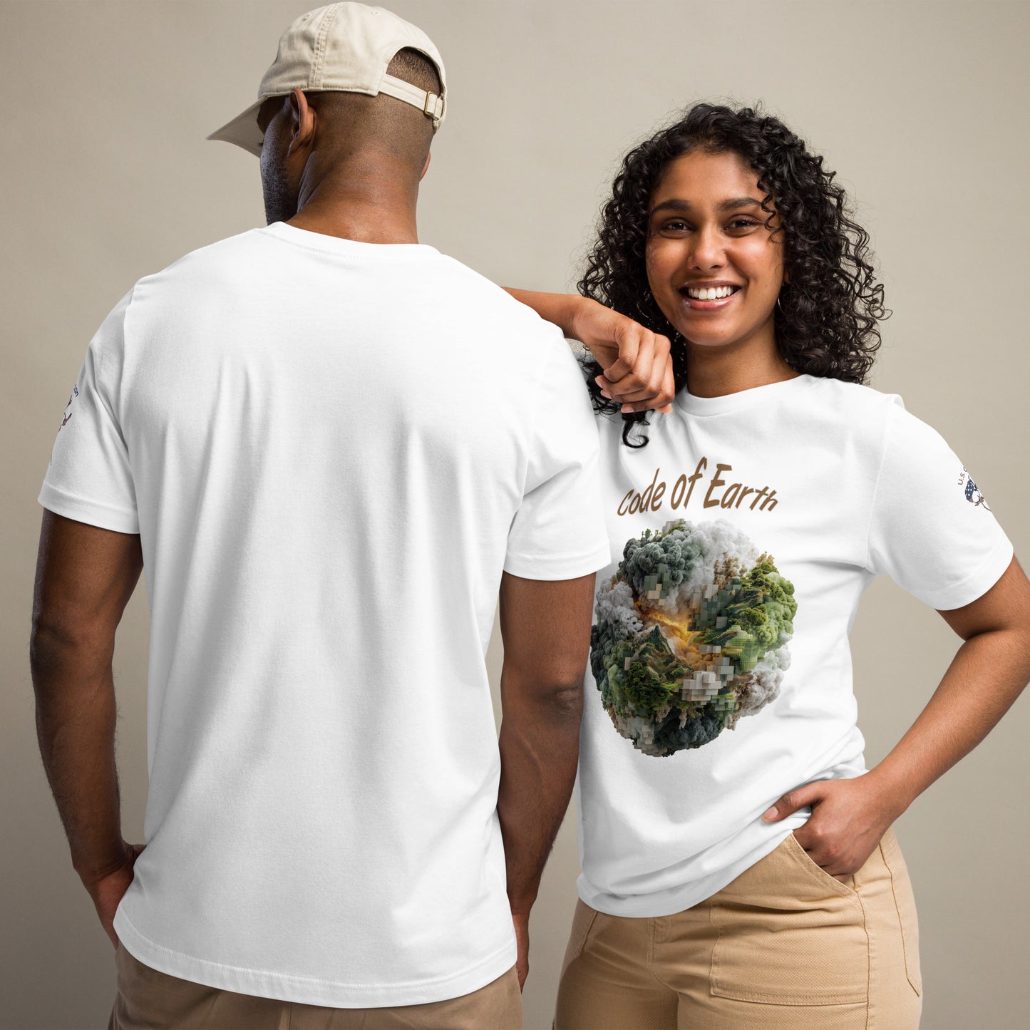Product mockup. Man showing back of plain white T-shirt; woman in white T-shirt with “Code of Earth” text and earth graphic.