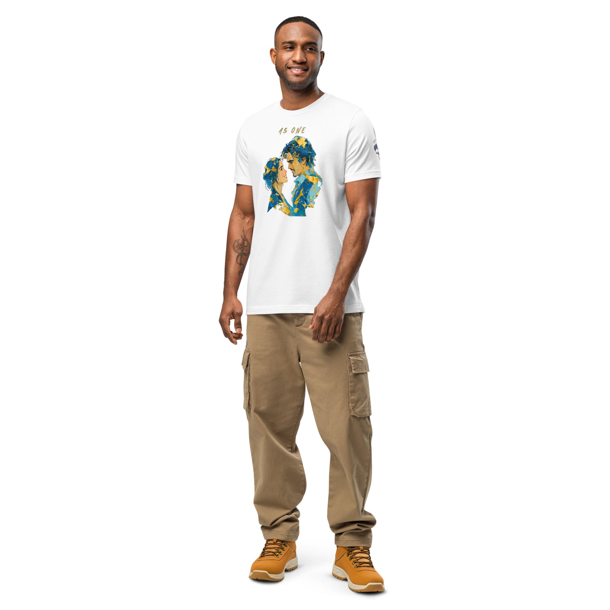Product mockup. Man in white T-shirt with “As One” text above a blue and yellow earth illustration.