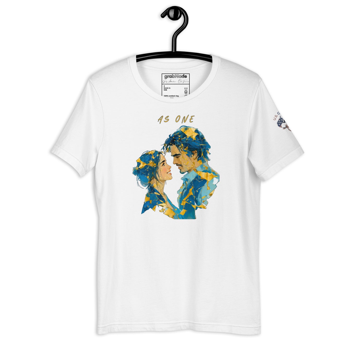 Product mockup. White T-shirt on hanger with “As One” above two abstract blue and yellow faces in silhouette.