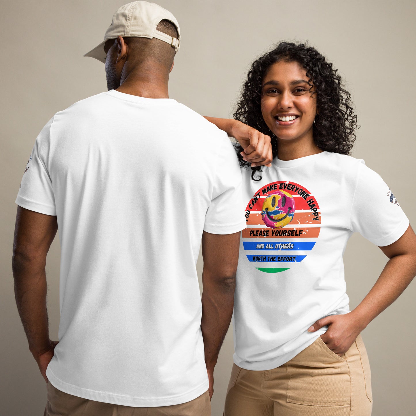 Product mockup. Man showing back of plain white T-shirt; woman in vibrant smiley face T-shirt with motivational text.