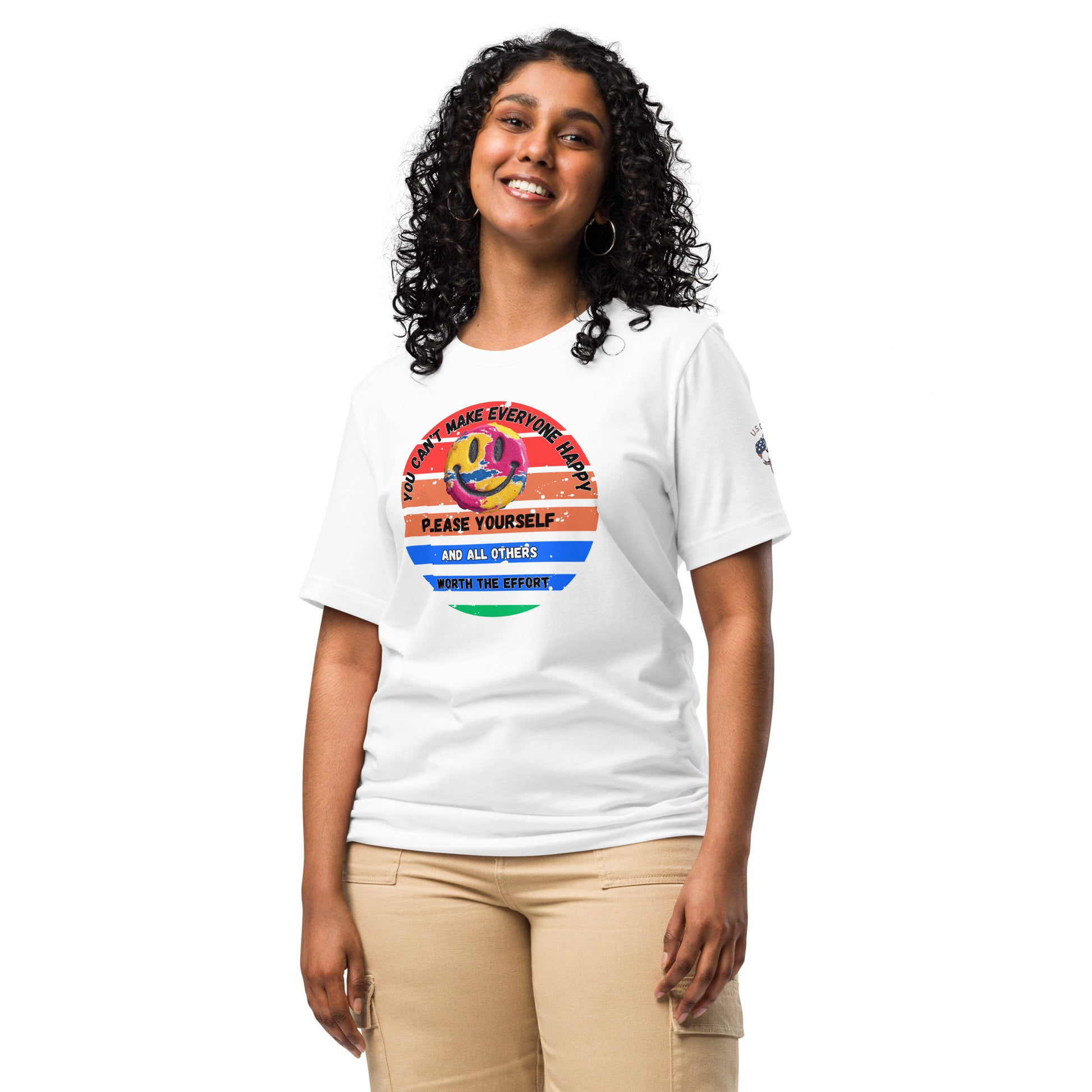 Product mockup. Woman in white T-shirt featuring a retro colorful smiley face and the text: "You can't make everyone happy. Please yourself and all others worth the effort."