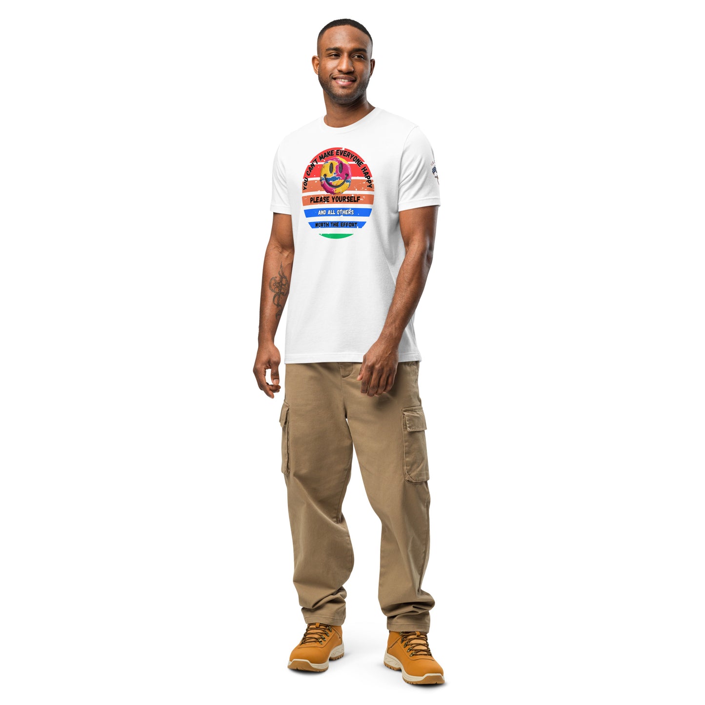 Product mockup. Man in white T-shirt with a retro smiley face and motivational quote: "You can't make everyone happy. Please yourself and all others worth the effort."