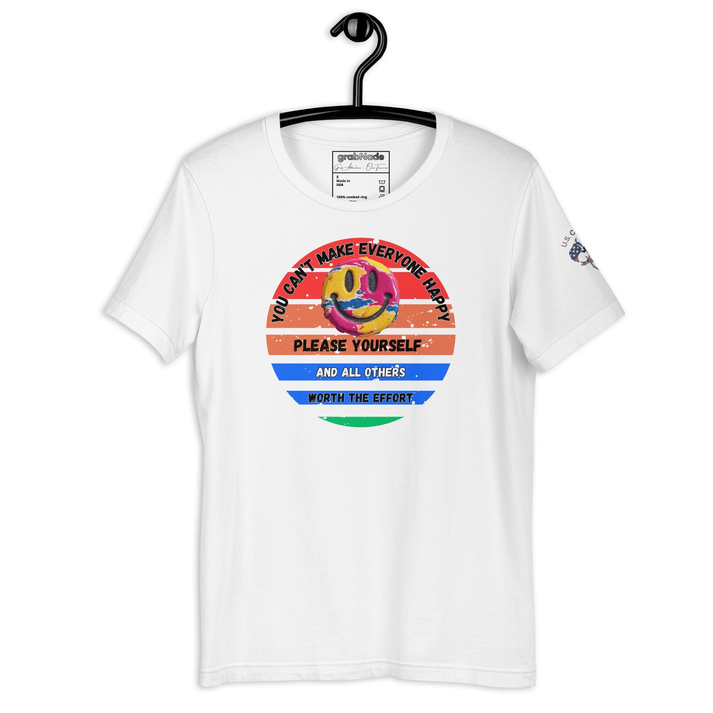 Product mockup. White T-shirt on hanger displaying the same colorful smiley face and inspirational message about happiness and self-care.