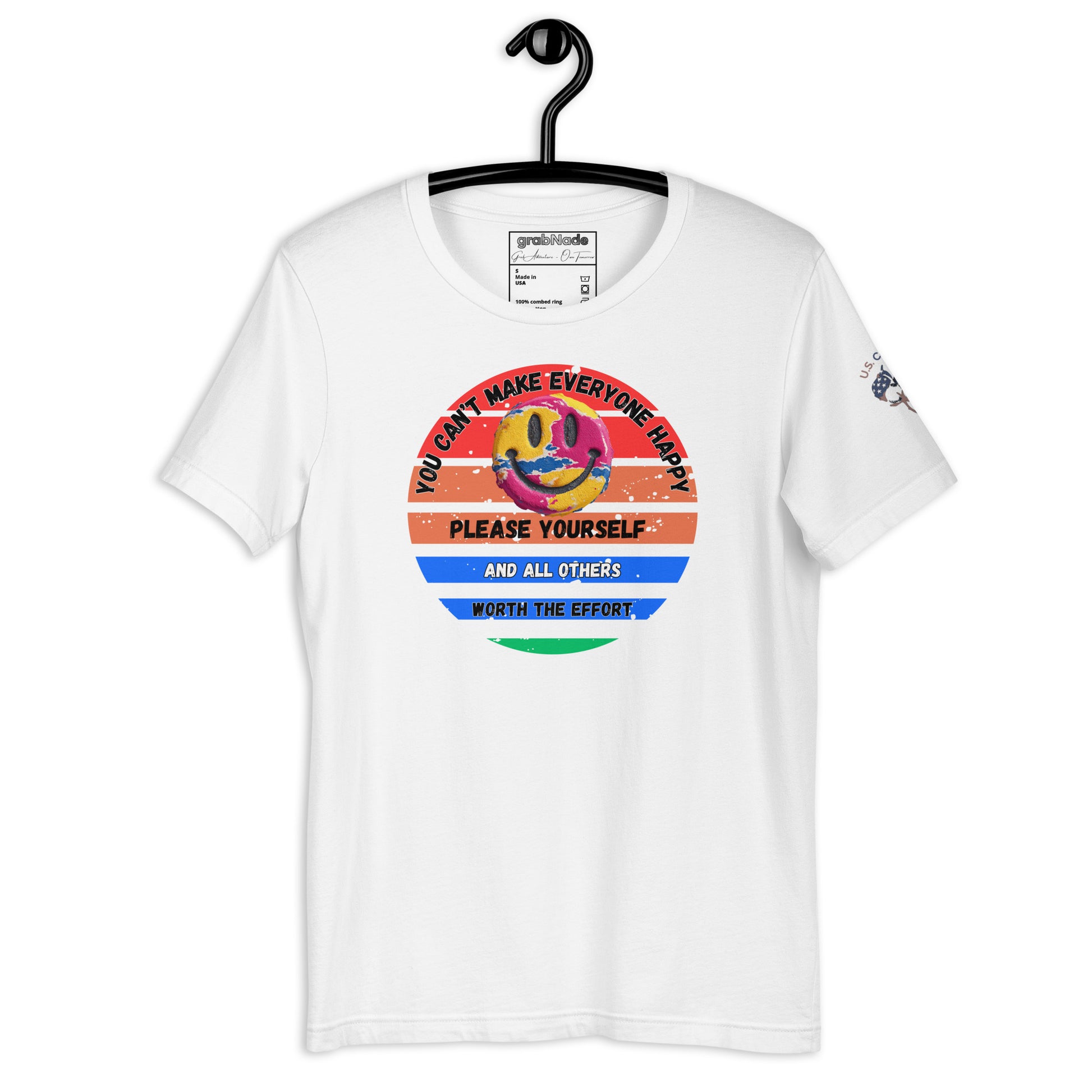 Product mockup. White T-shirt on hanger displaying the same colorful smiley face and inspirational message about happiness and self-care.