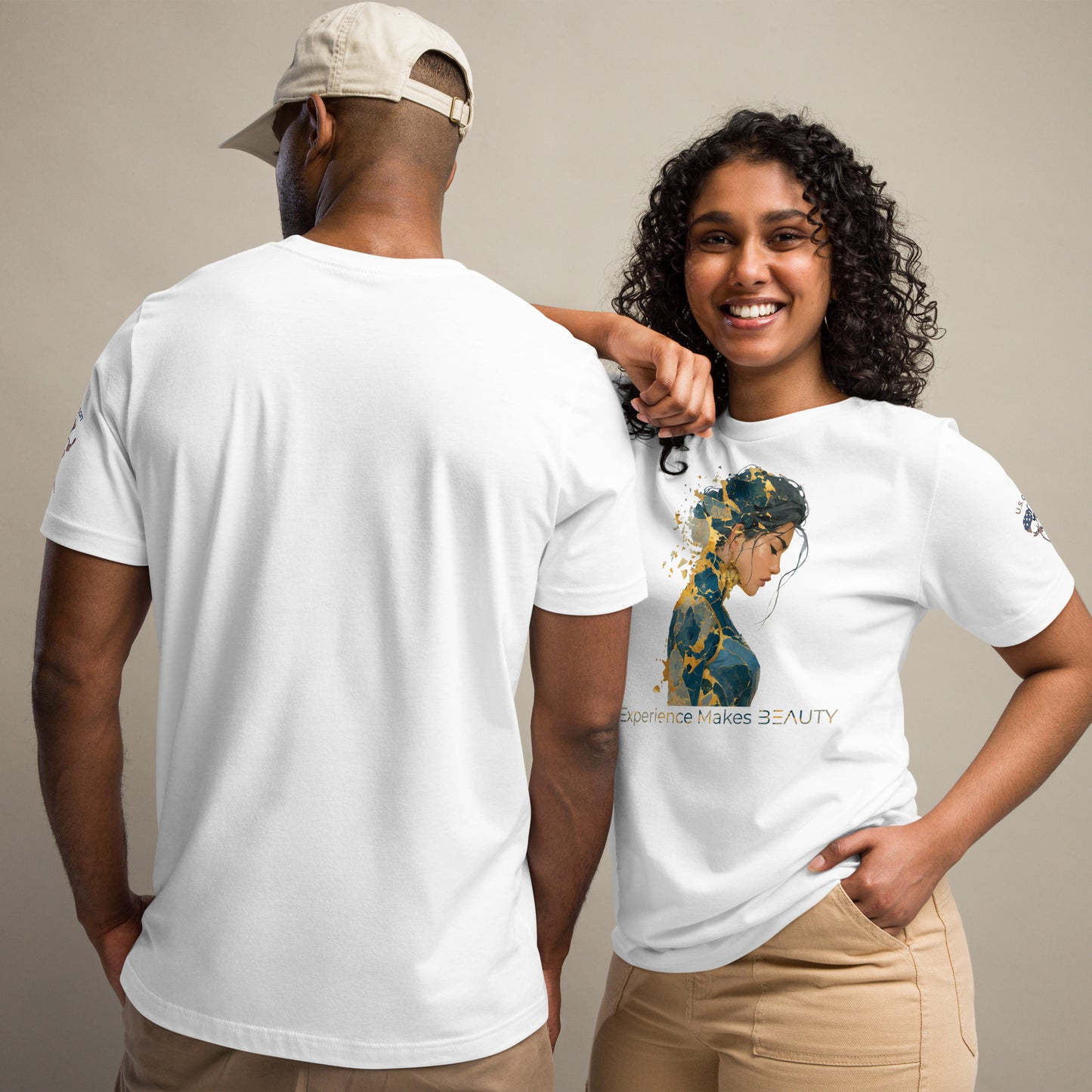 Product mockup. Man showing back of plain white T-shirt; woman in “Experience Makes BEAUTY” T-shirt with art of woman.