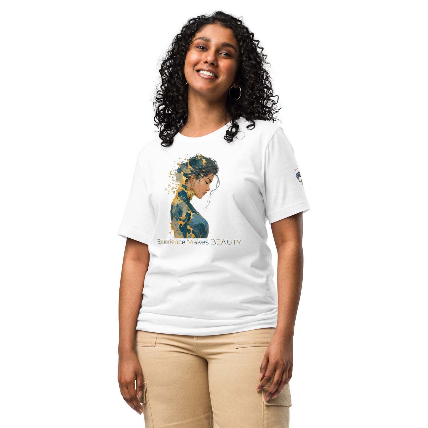Product mockup. Woman in white T-shirt with abstract blue and gold art of a woman and the phrase “Experience Makes BEAUTY”.