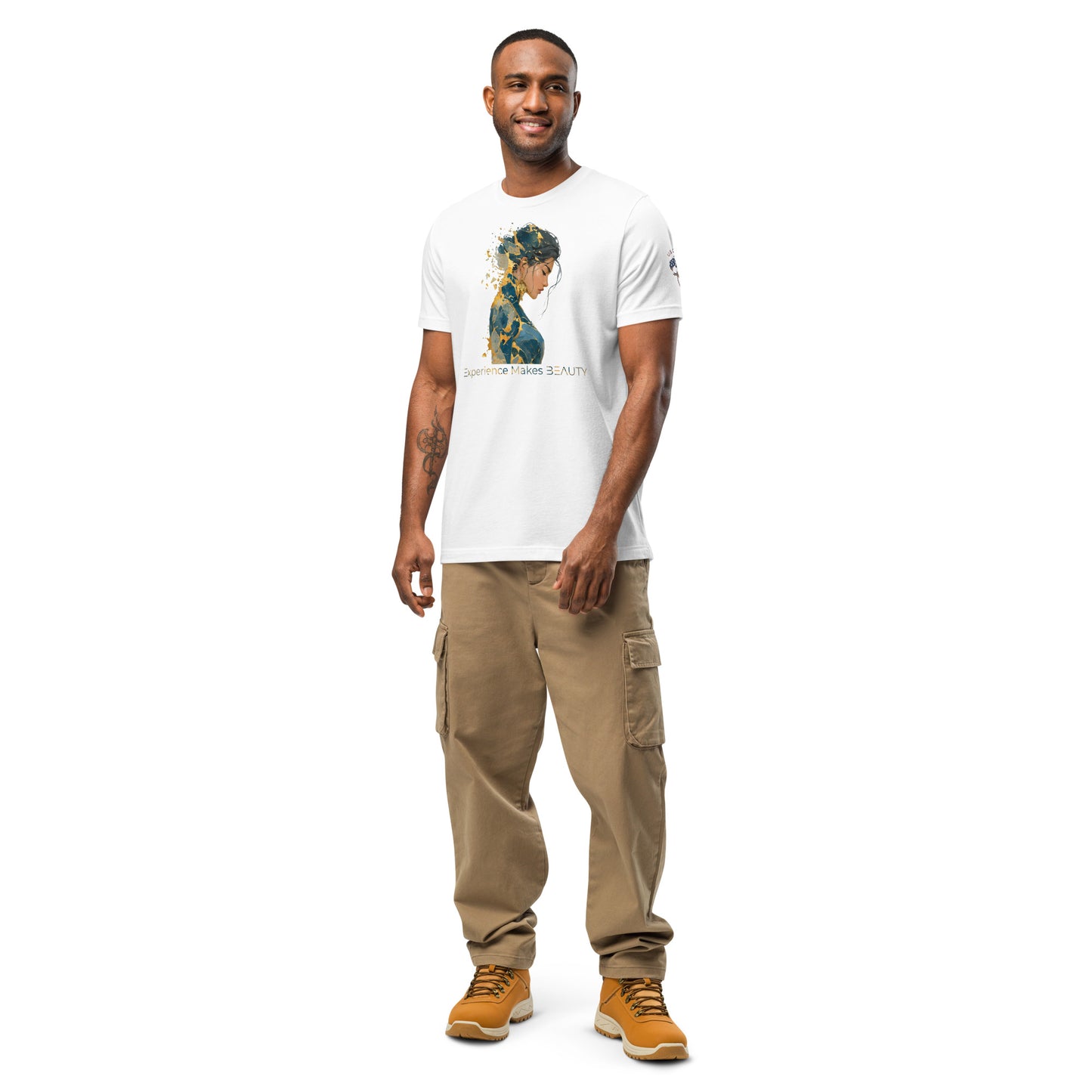Product mockup. Man in white T-shirt with abstract blue and gold woman silhouette and the phrase “Experience Makes BEAUTY”.