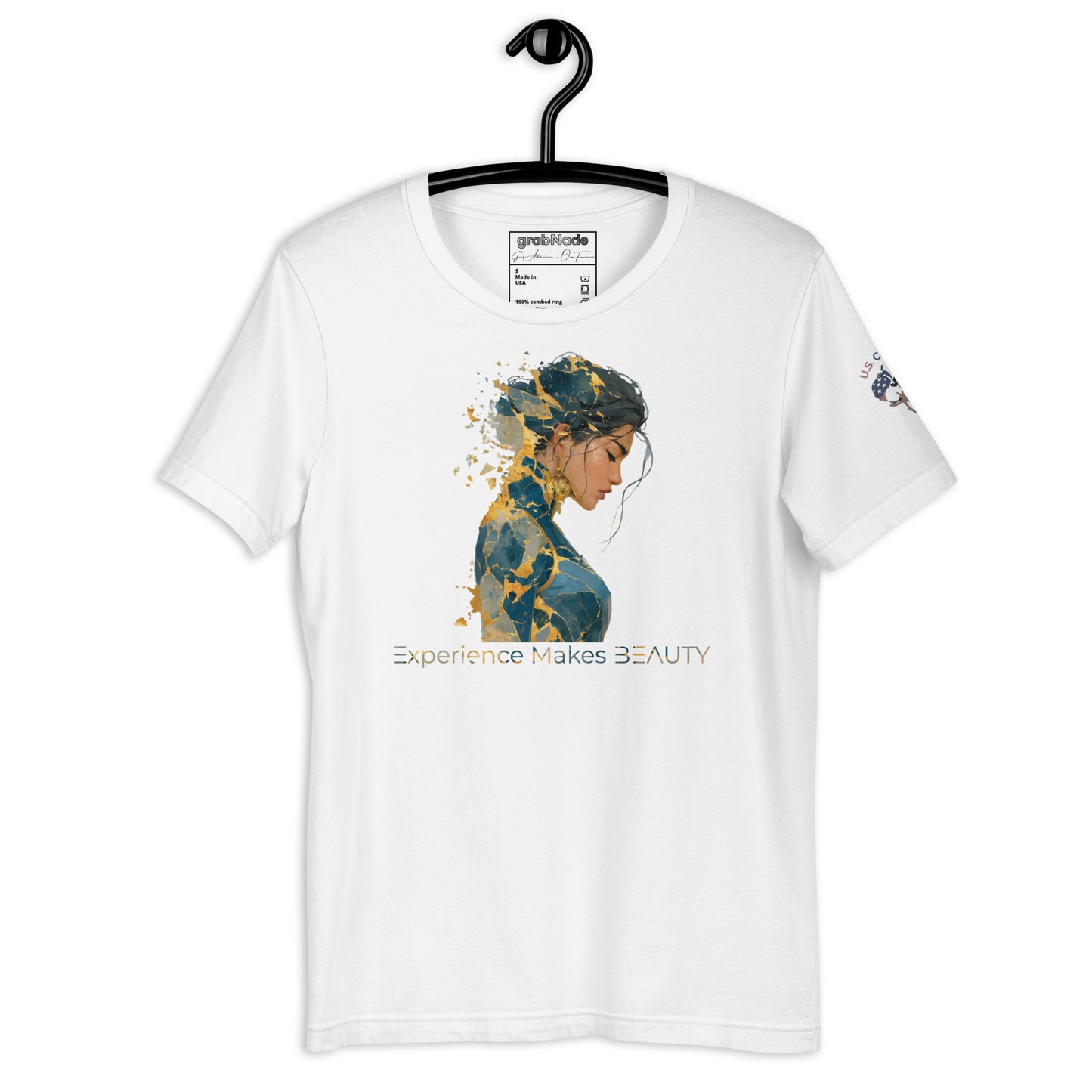 Product mockup. White T-shirt on hanger featuring an abstract blue and gold illustration of a woman, text: “Experience Makes BEAUTY”.