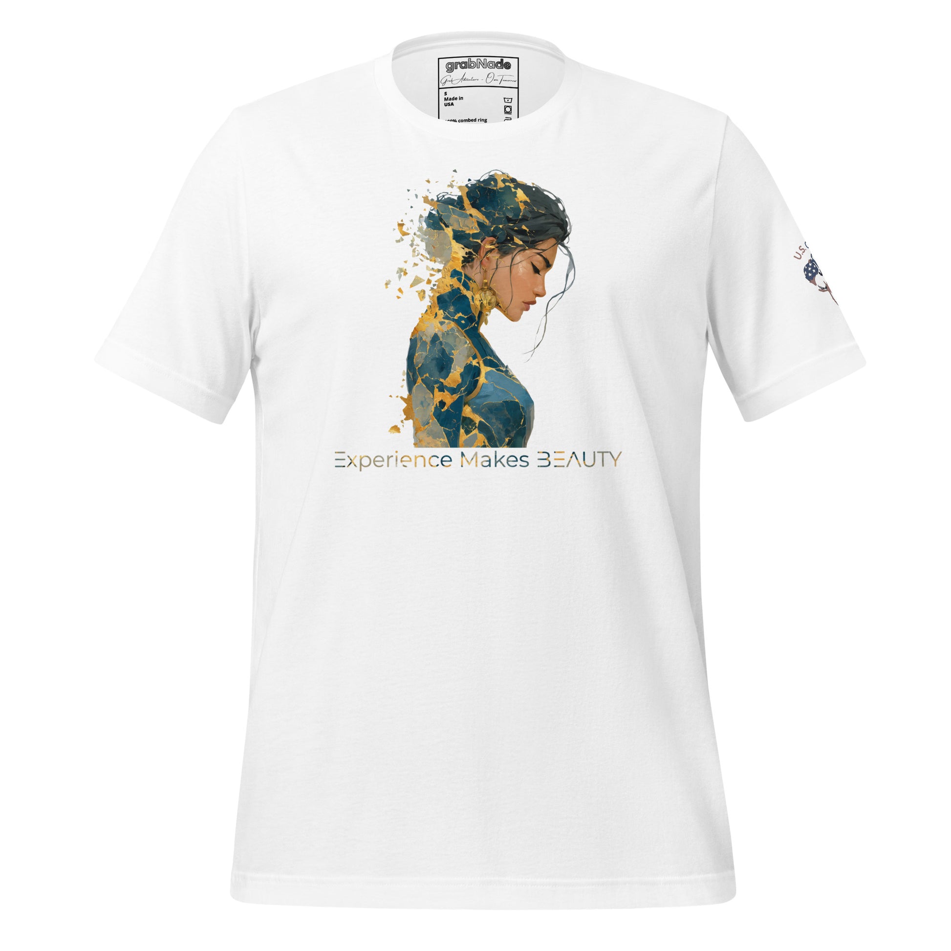 Product mockup. Man in white T-shirt with abstract blue and gold art of a woman and “Experience Makes BEAUTY” text.