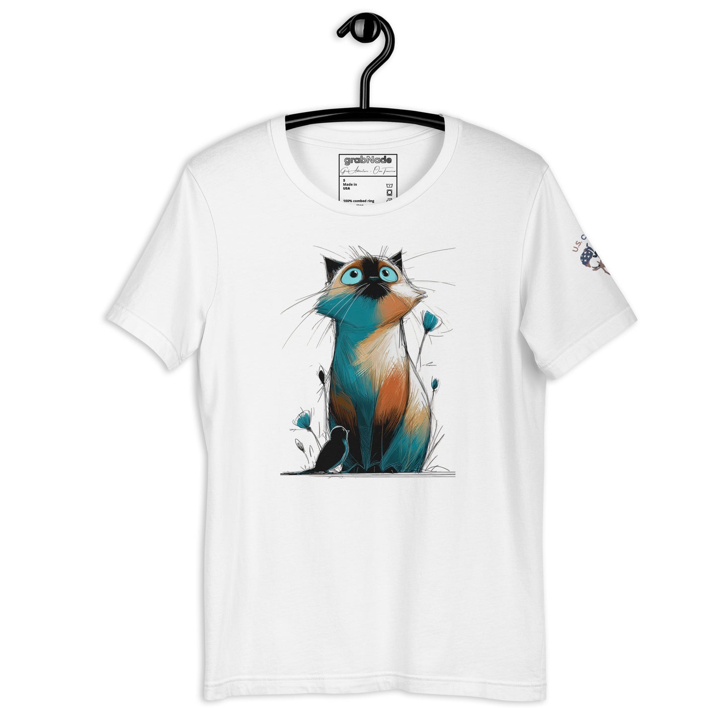 Product mockup. White T-shirt on hanger featuring bold, expressive cat artwork in blue, teal, orange, and white.