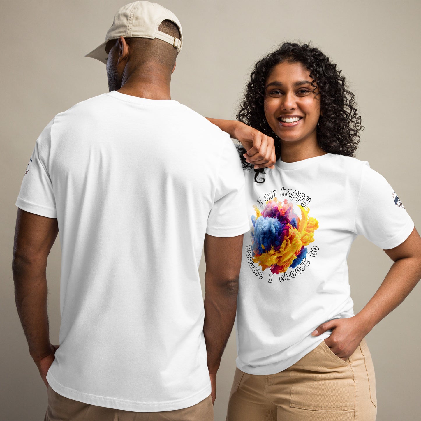 Product mockup. Man showing back of plain white T-shirt; woman in T-shirt with yellow, blue, and pink paint cloud and "I am happy because I choose to" text.