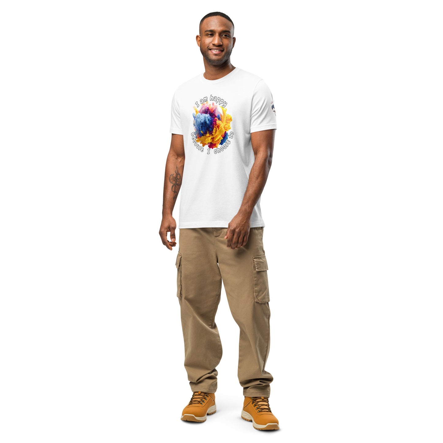 Product mockup. Man in white T-shirt with blue, yellow, and purple paint explosion and curved text: "I am happy because I choose to".