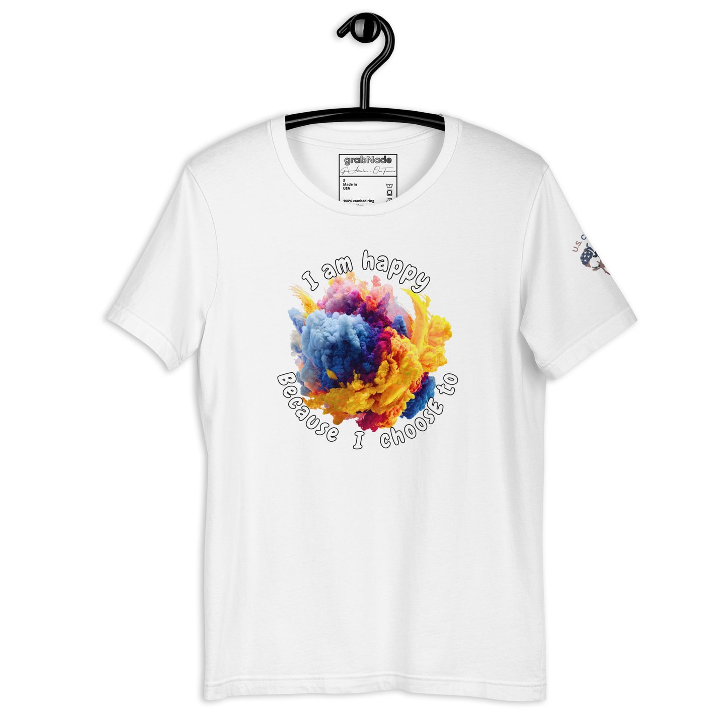 Product mockup. White T-shirt on hanger displaying a vibrant paint cloud in blue, purple, yellow, and orange with the text "I am happy because I choose to".