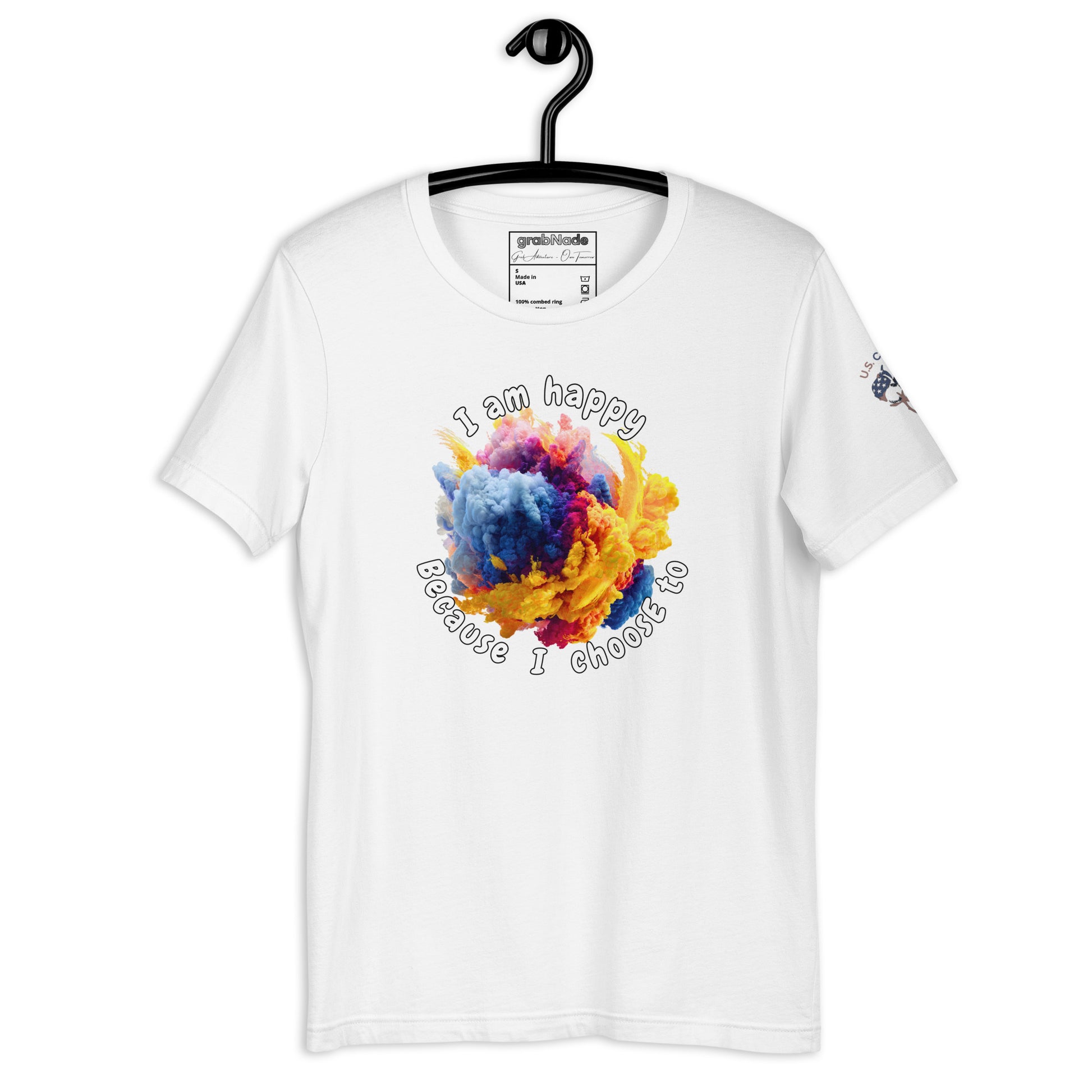 Product mockup. White T-shirt on hanger displaying a vibrant paint cloud in blue, purple, yellow, and orange with the text "I am happy because I choose to".