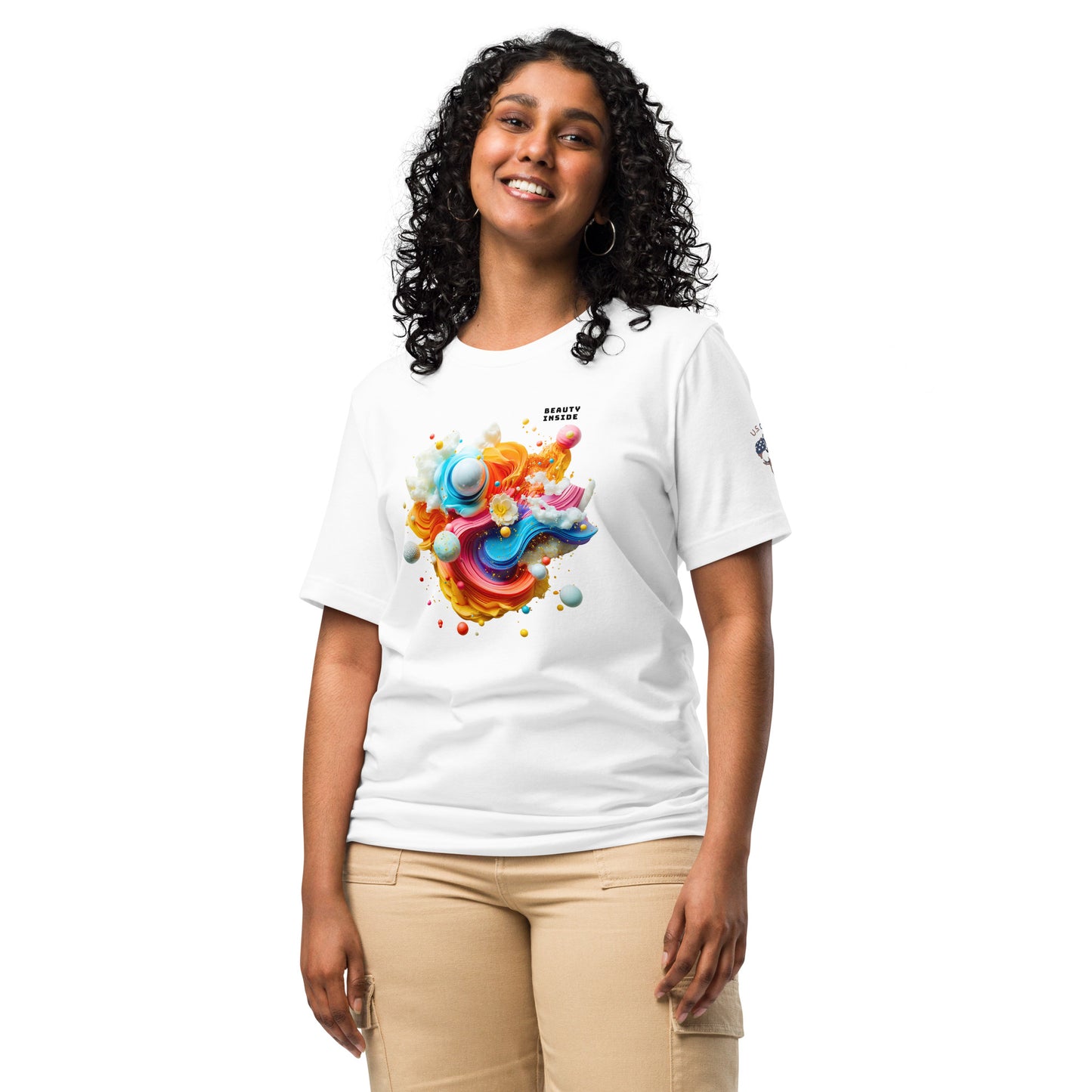 Product mockup. Woman in white T-shirt with a dynamic, colorful abstract swirl graphic and the phrase "Beauty Inside" on the chest.