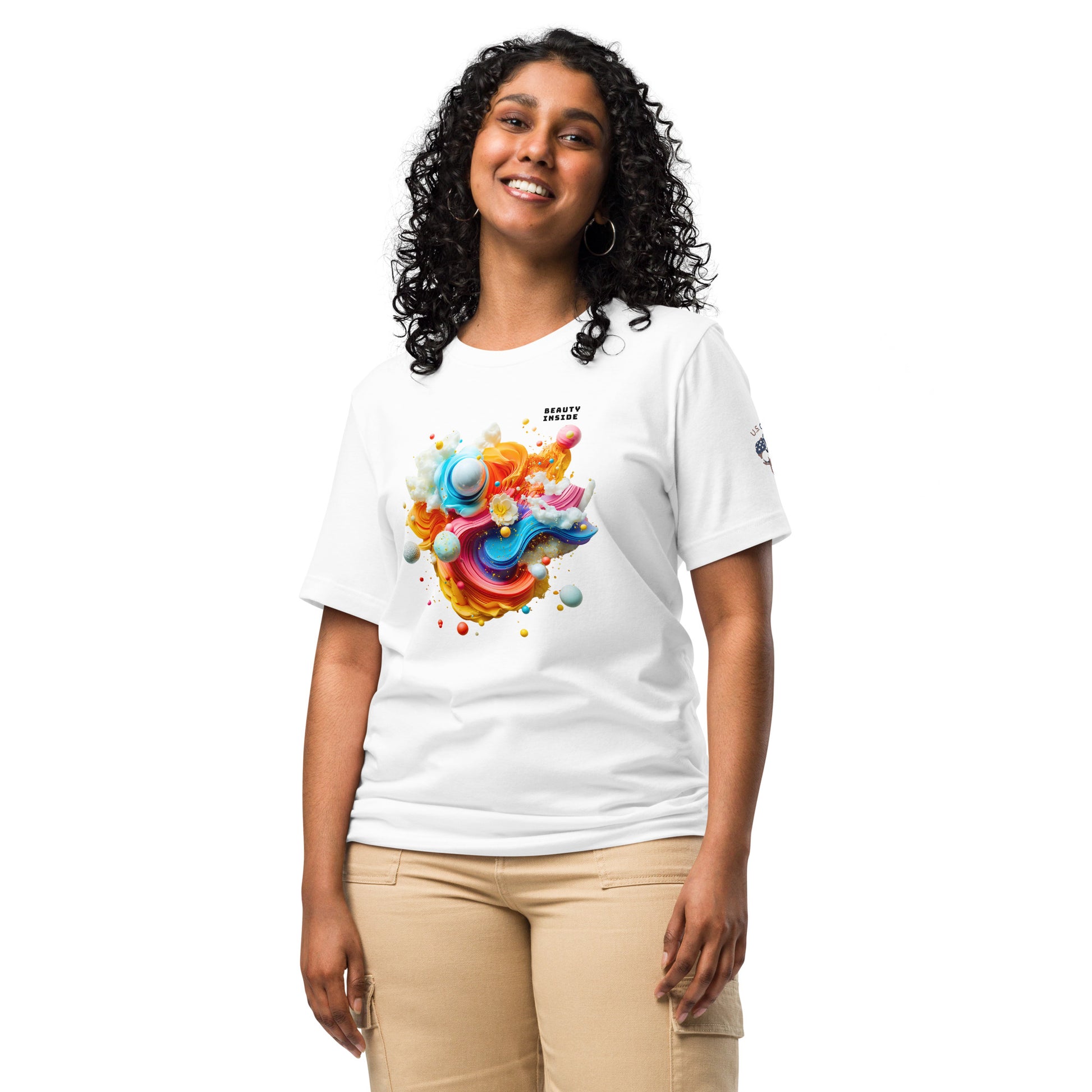 Product mockup. Woman in white T-shirt with a dynamic, colorful abstract swirl graphic and the phrase "Beauty Inside" on the chest.