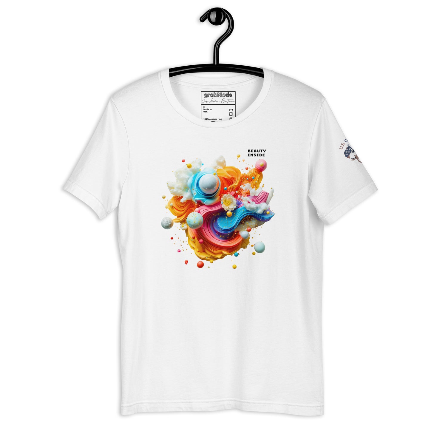 Product mockup. White T-shirt on hanger featuring a vibrant abstract swirl with spheres and the phrase "Beauty Inside" at the top right.