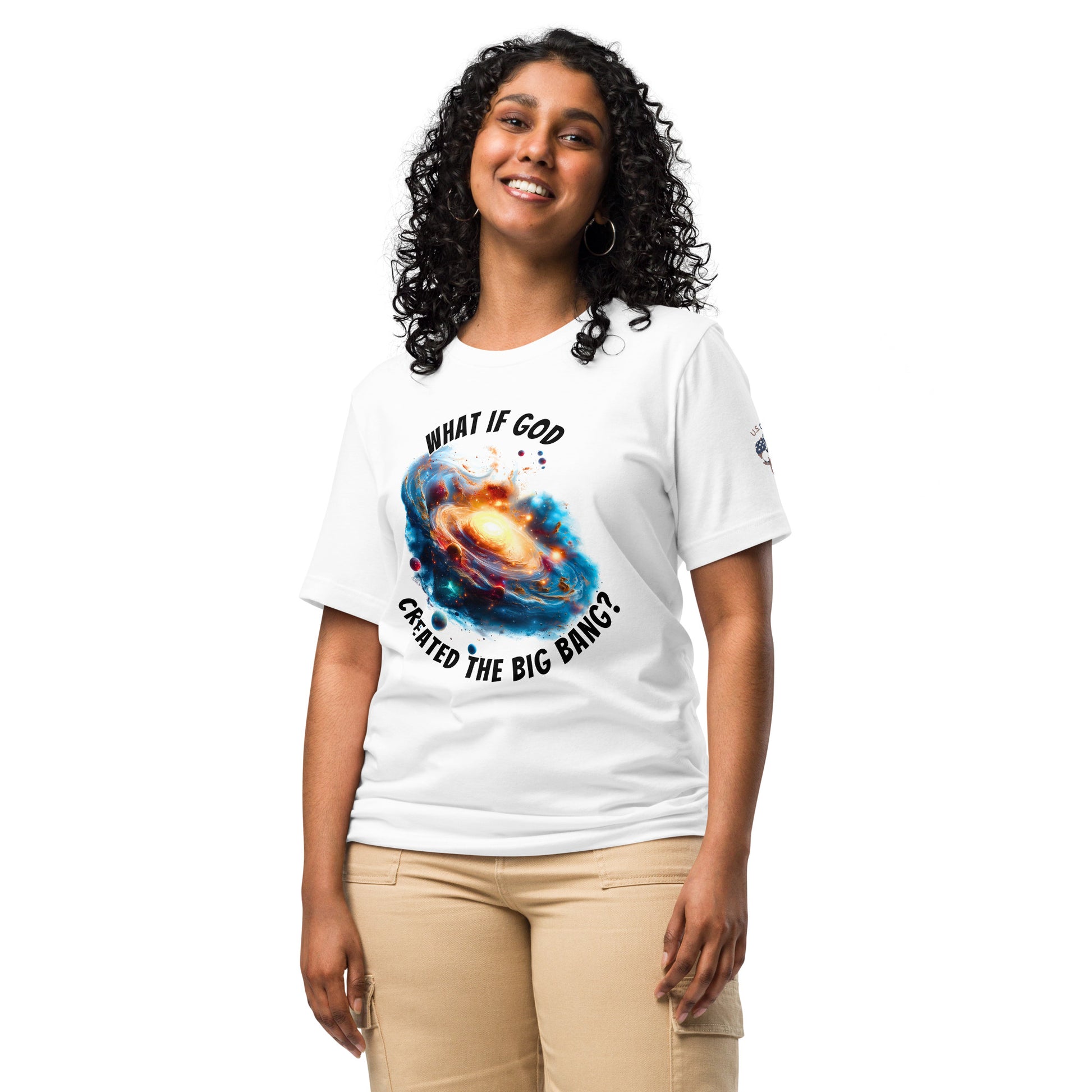 Product mockup. Woman in white T-shirt with vivid cosmic artwork and the phrase “What if God created the Big Bang?”.
