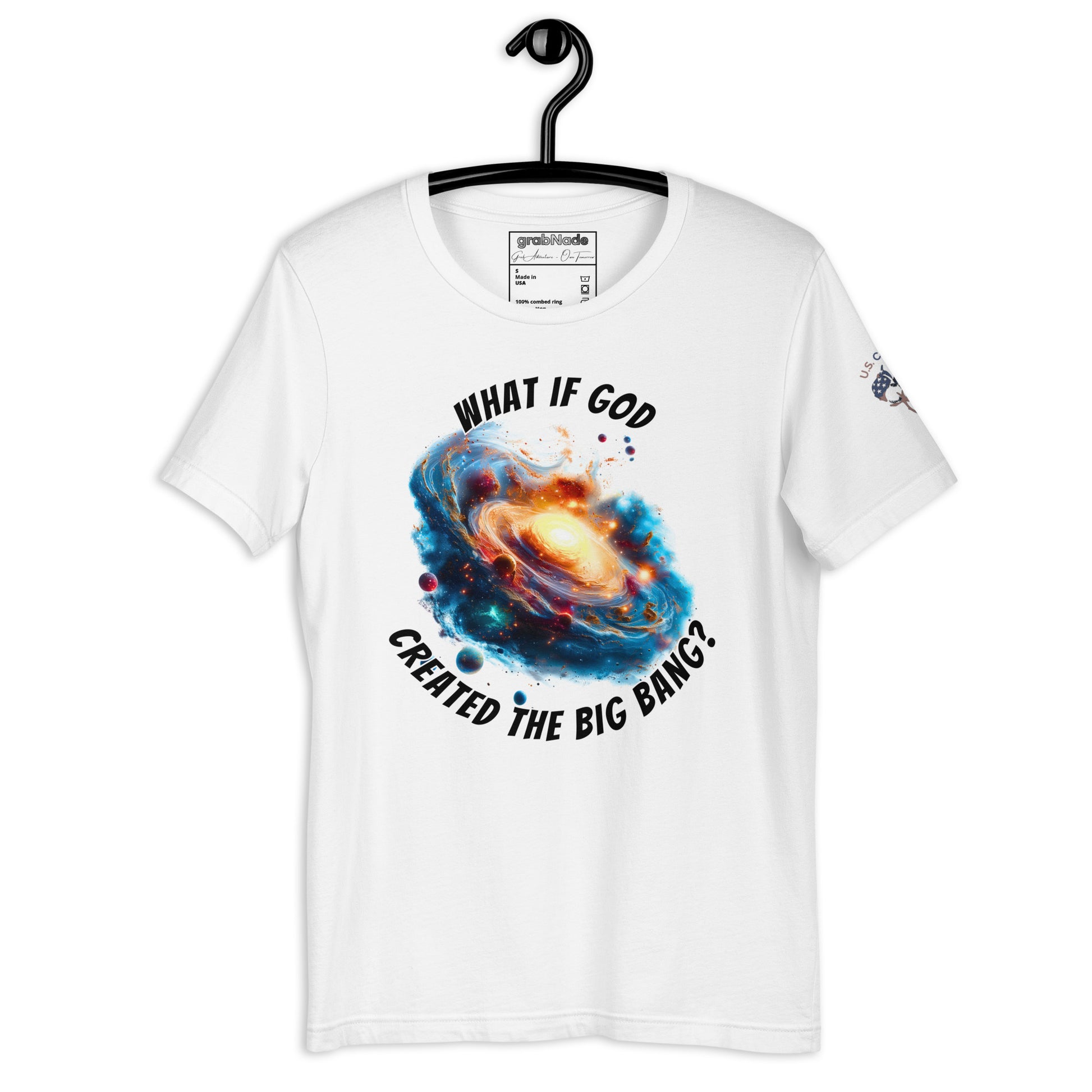 Product mockup. White T-shirt on hanger featuring colorful exploding galaxy artwork and the phrase “What if God created the Big Bang?”.