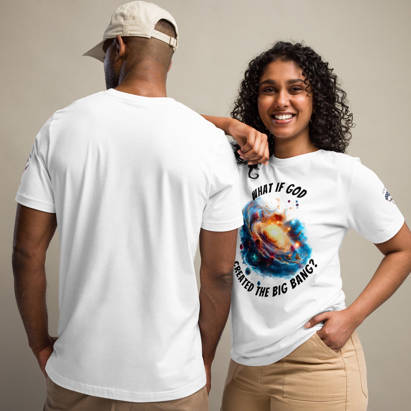 Product mockup. Man showing back of plain white T-shirt; woman in vibrant galaxy T-shirt with text about God and the Big Bang.