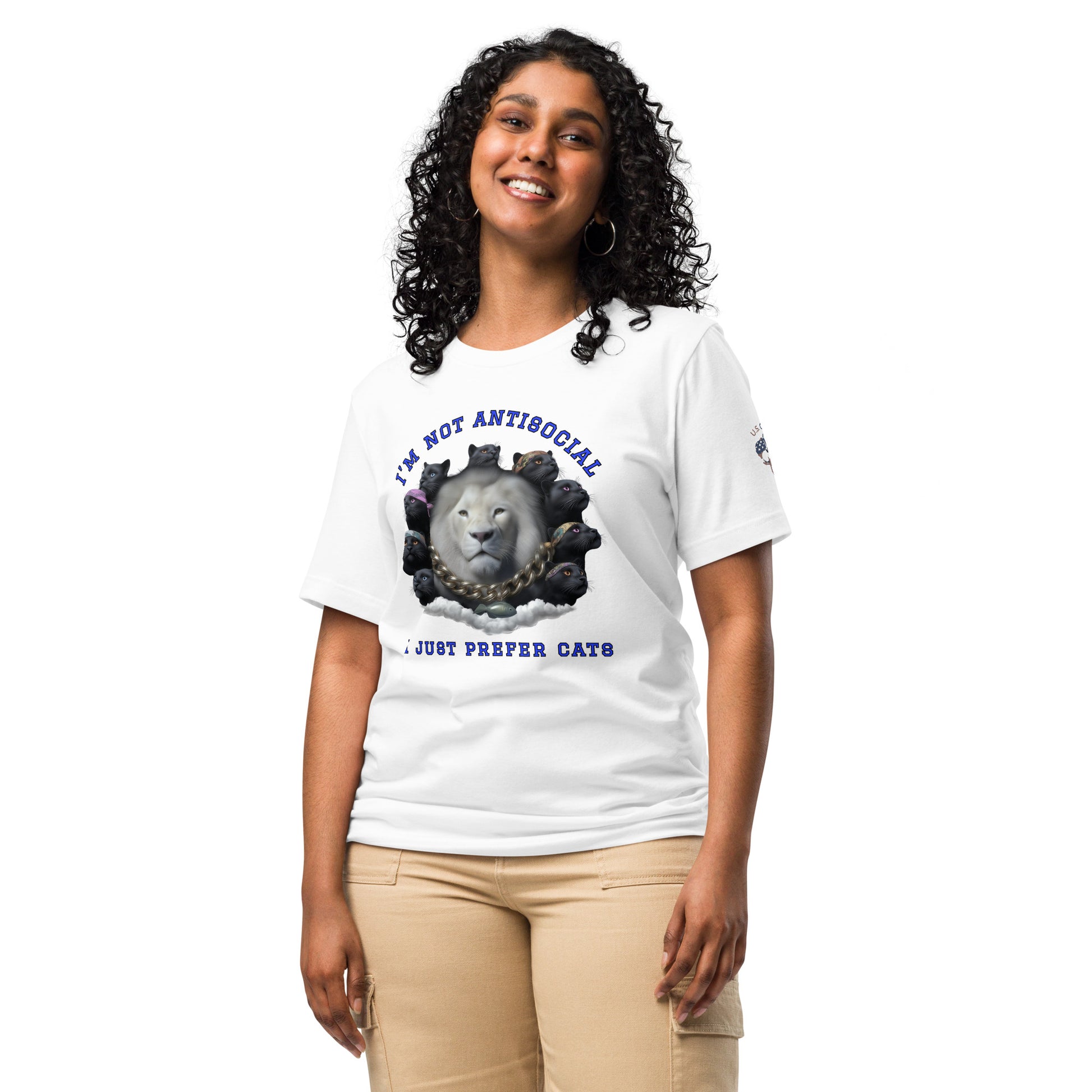 Product mockup. Woman in T-shirt featuring a central white lion with black cats and necklace, and message: "I’m not antisocial, I just prefer cats" in blue letters.