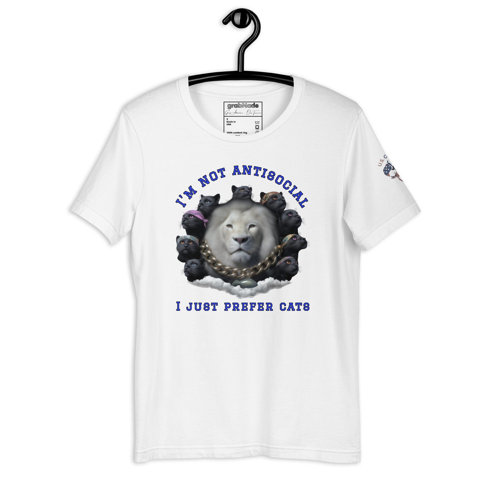 Product mockup. White T-shirt on hanger with a large central white lion surrounded by black cats, and message: "I'm not antisocial, I just prefer cats" in blue text.