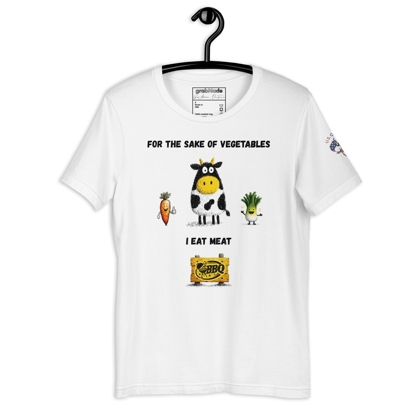 Product mockup. White T-shirt on hanger featuring a cartoon cow, carrot, and leek, with text: "For the sake of vegetables I eat meat" and a BBQ logo at the bottom.