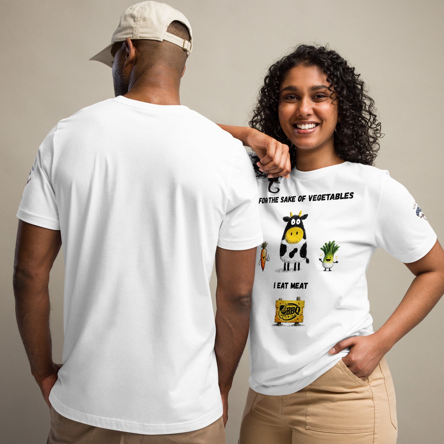 Product mockup. Man showing back of plain white T-shirt; woman in T-shirt with cartoon cow, carrot, and leek, and text: "For the sake of vegetables I eat meat" above a BBQ sign.