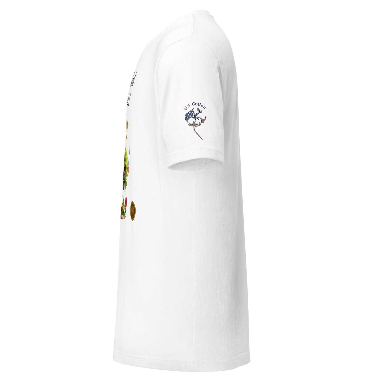 Product mockup. White T-shirt, left side view, "U.S. Cotton" emblem with flag and boll on right sleeve; a partial central design printed on the front.