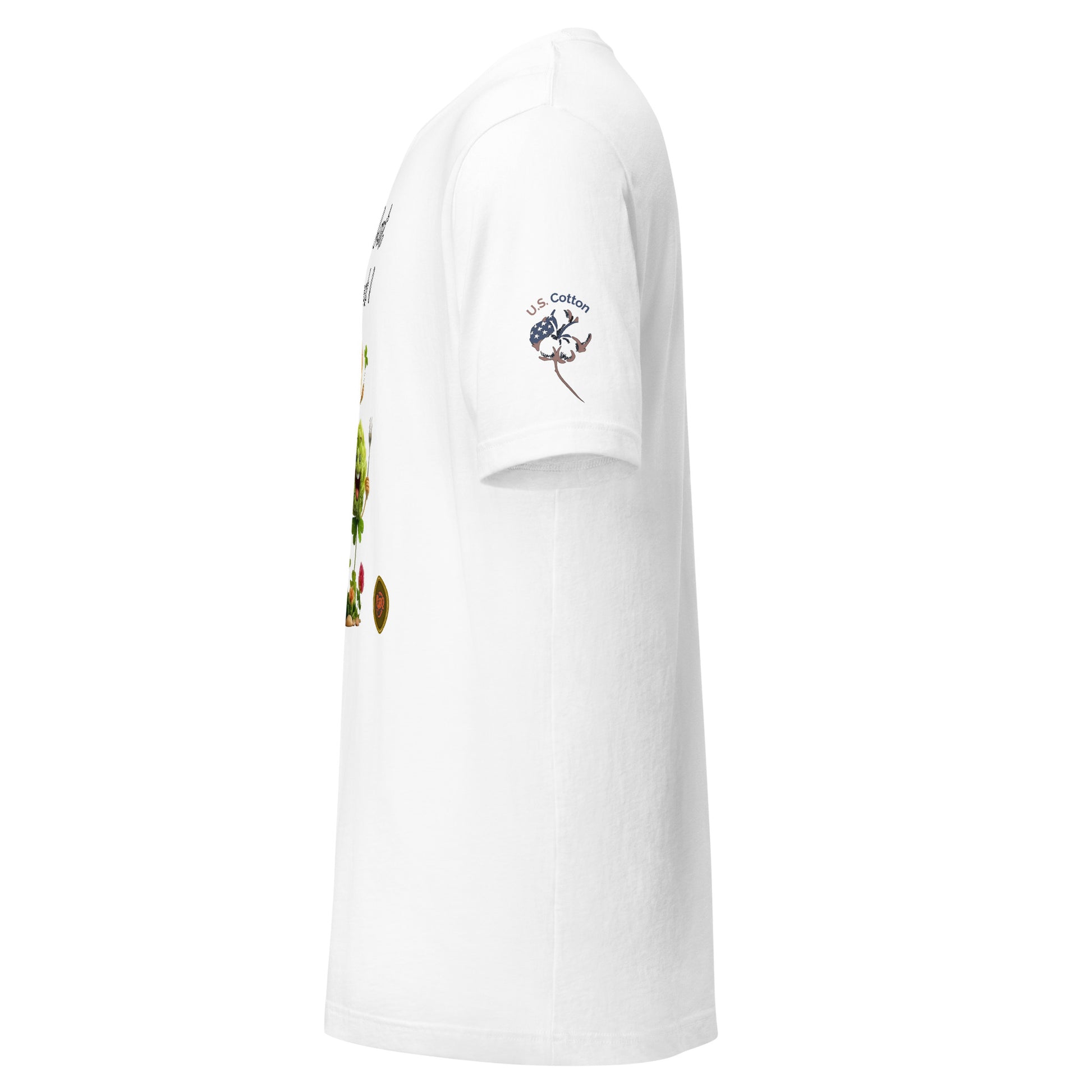 Product mockup. White T-shirt, left side view, "U.S. Cotton" emblem with flag and boll on right sleeve; a partial central design printed on the front.