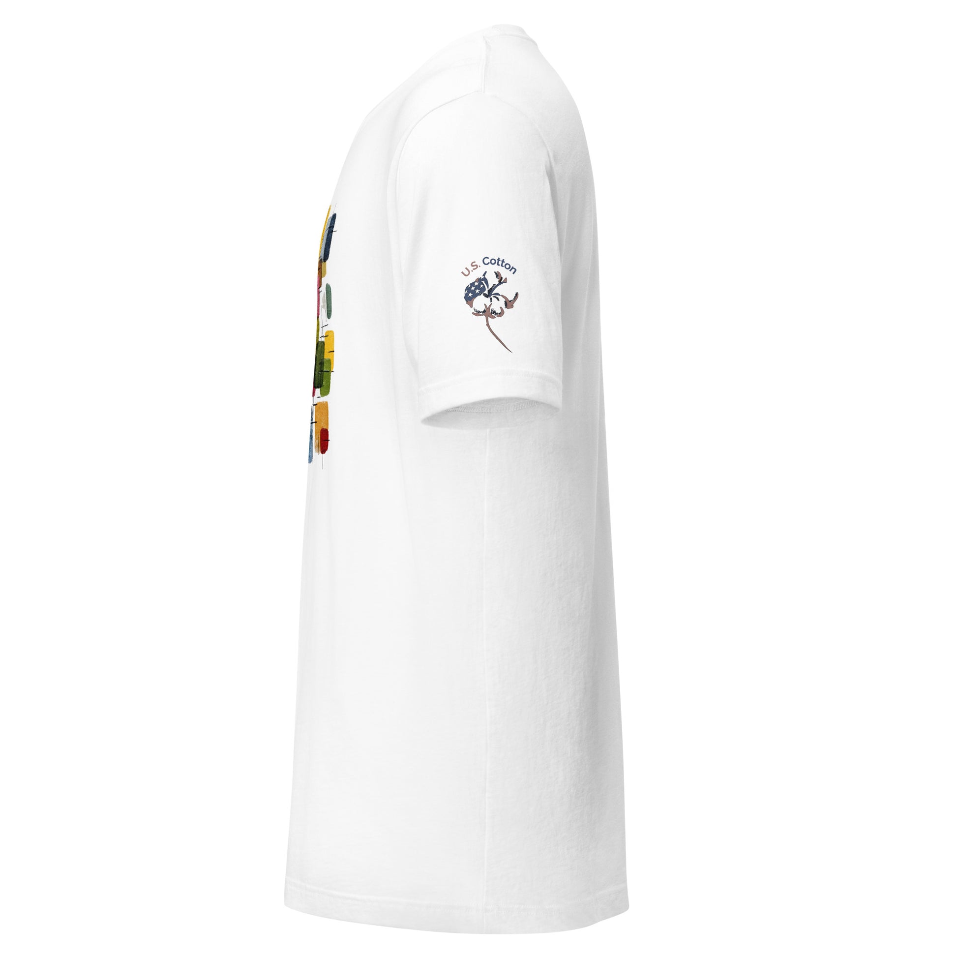 Product mockup. White T-shirt side view with a small "U.S. Cotton" emblem showing a cotton boll on the right sleeve; partial colorful graphic barely visible on chest.