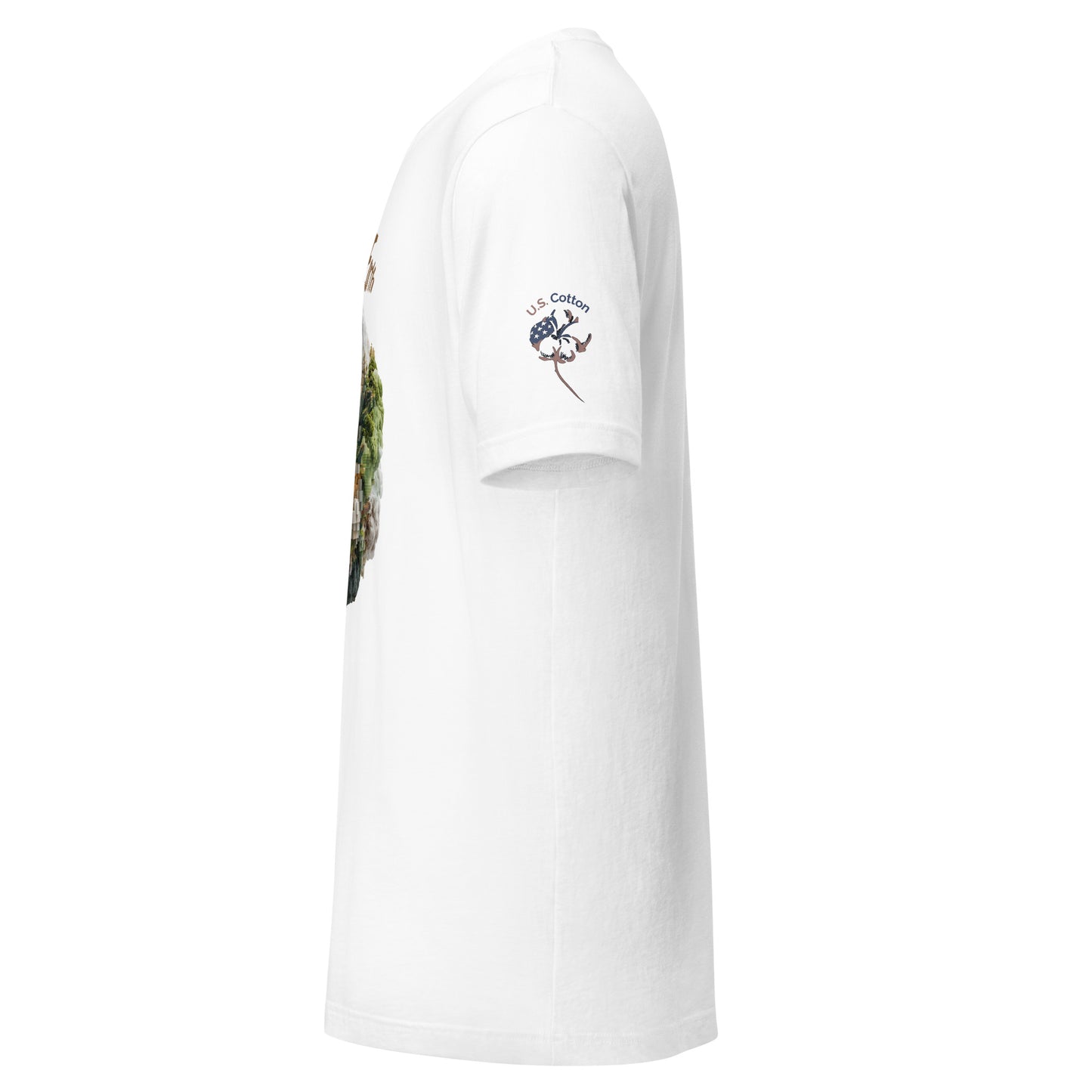 Product mockup. White T-shirt side view displaying "U.S. Cotton" logo with cotton boll and flag motif on right sleeve; barely visible print on chest.