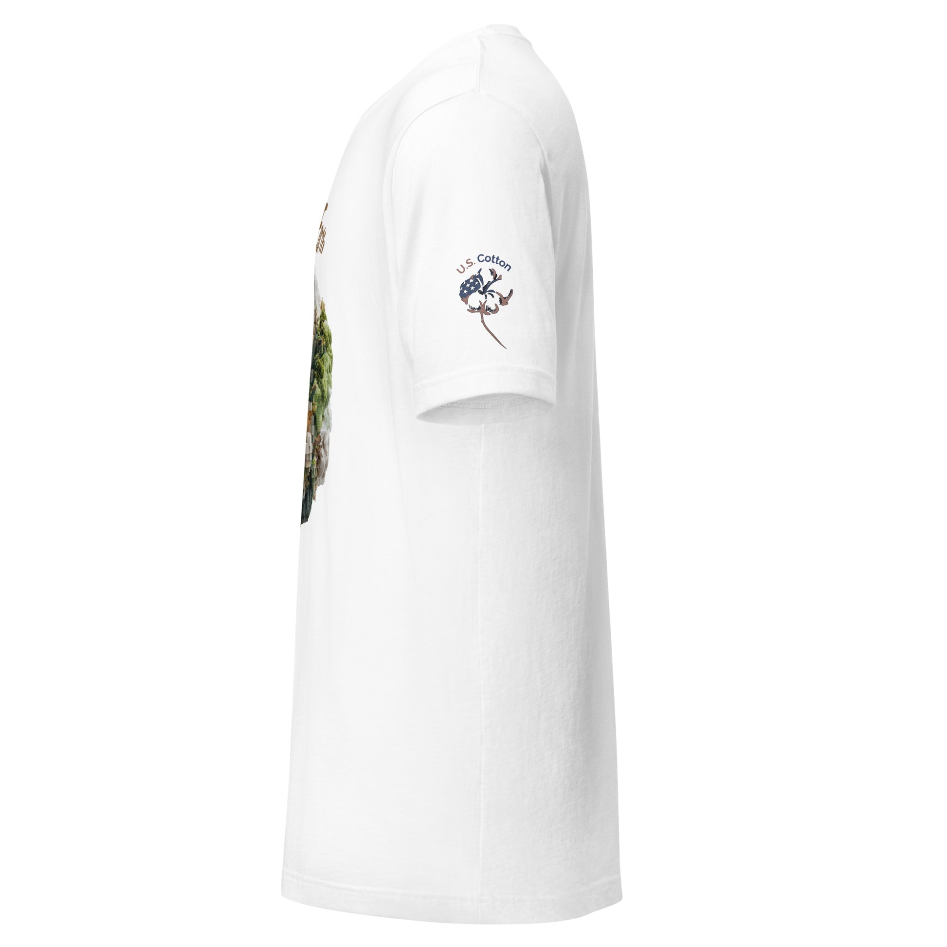 Product mockup. White T-shirt side view displaying "U.S. Cotton" logo with cotton boll and flag motif on right sleeve; barely visible print on chest.