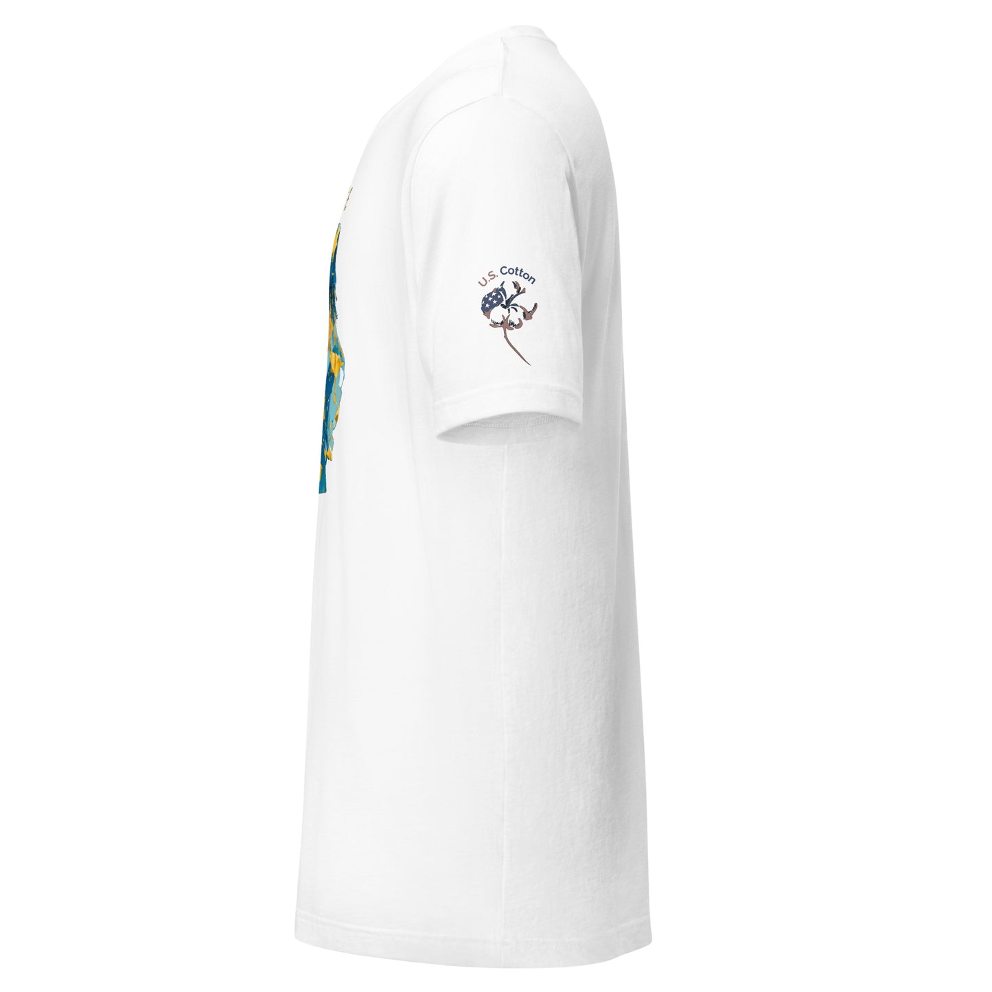 Product mockup. White T-shirt side view highlighting the "U.S. Cotton" sleeve emblem with cotton boll; faint segment of garment print on the chest.