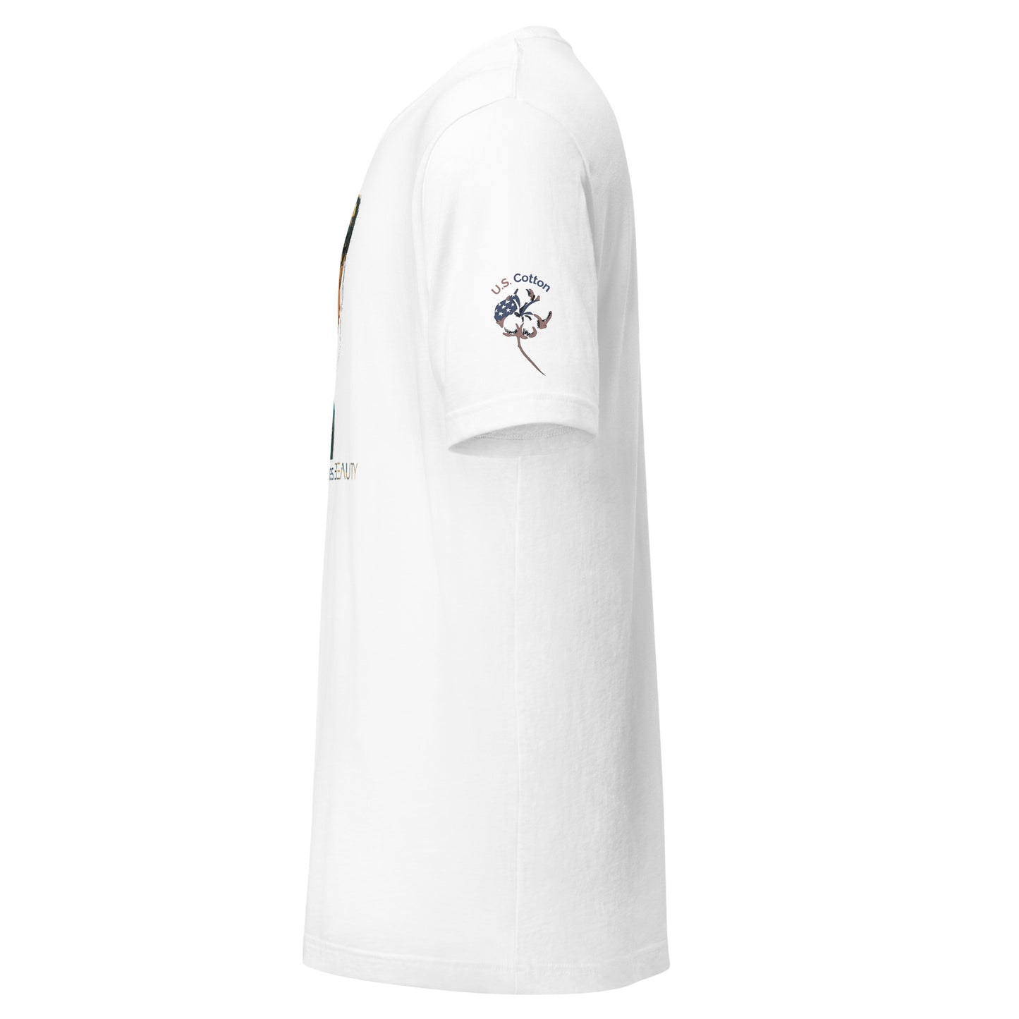 Product mockup. White T-shirt side view with "U.S. Cotton" emblem and cotton boll on right sleeve; partial print of centered design visible.