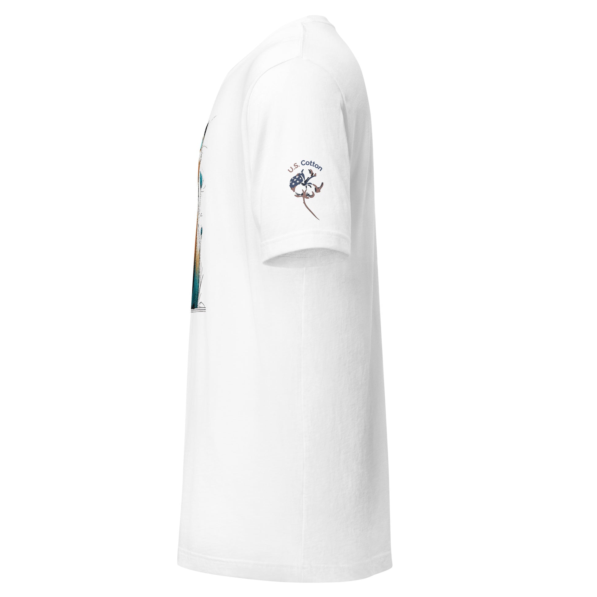 Product mockup.White T-shirt left side view, "U.S. Cotton" sleeve emblem with cotton boll, partial tall graphic design visible on chest.