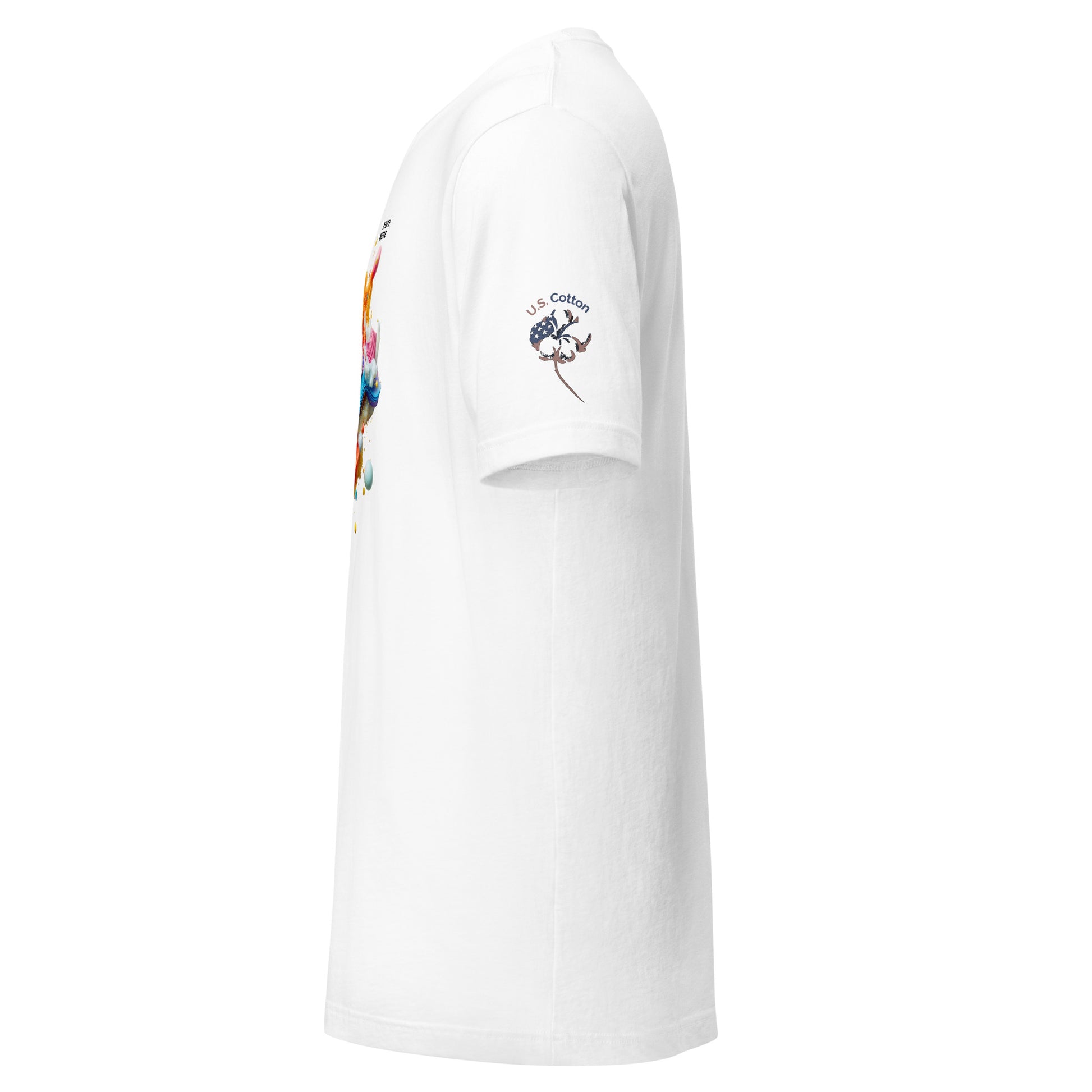 Product mockup. White T-shirt, left side view, "U.S. Cotton" cotton boll emblem on right sleeve; partial graphic print with bright colors.