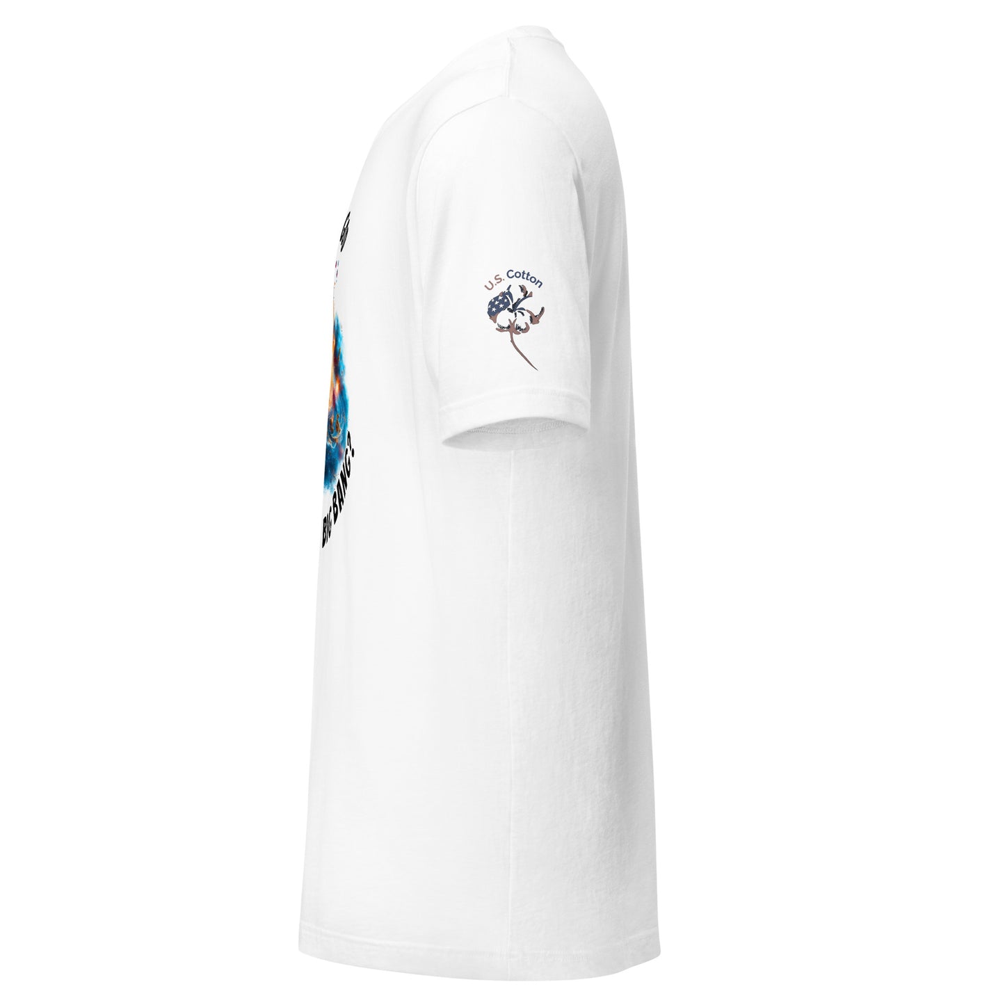 Product mockup. White T-shirt left side view, "U.S. Cotton" emblem with a cotton boll on the sleeve, partial colorful design on chest.