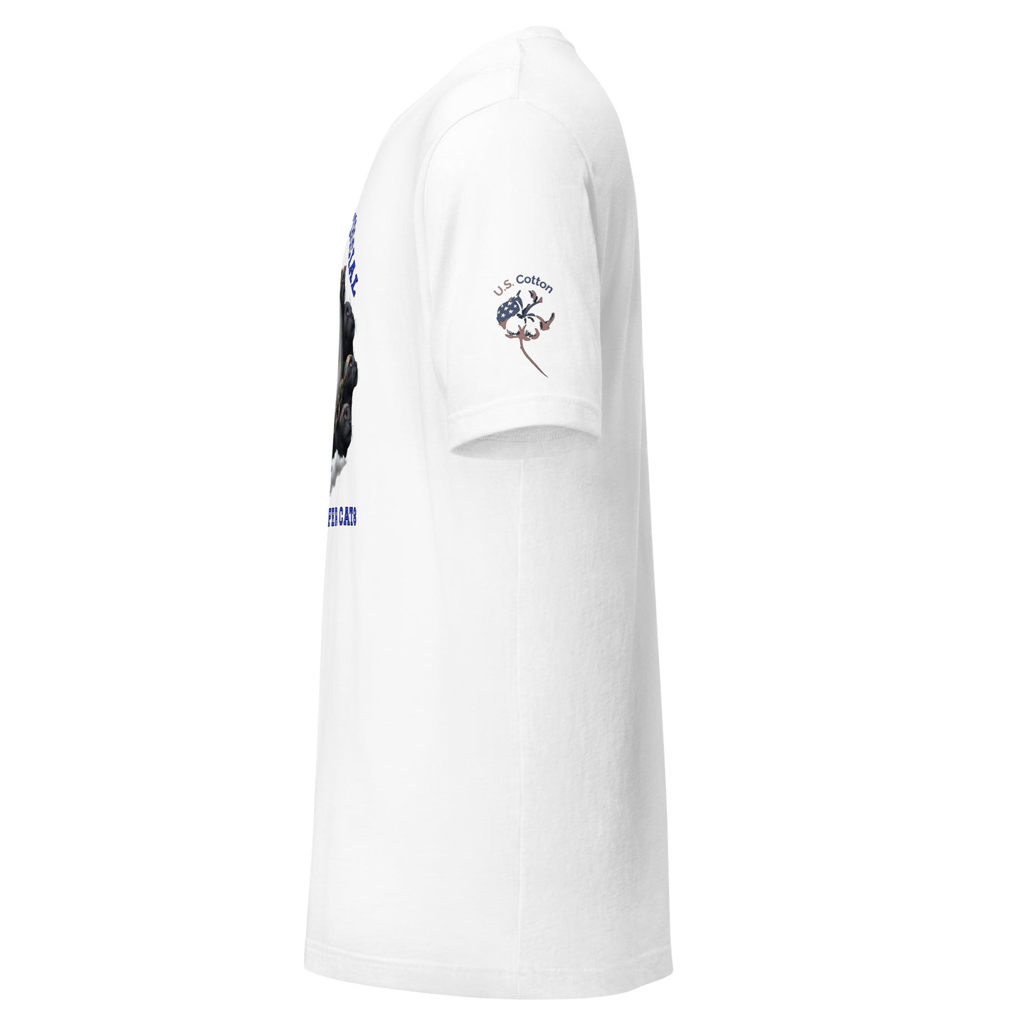 Product mockup. White T-shirt, left view, "U.S. Cotton" cotton boll emblem on sleeve; partial graphic of dark animal and blue text visible.