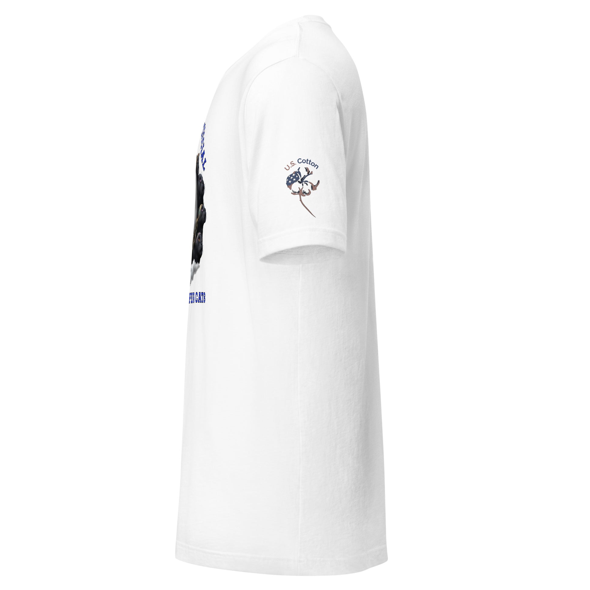 Product mockup. White T-shirt, left view, "U.S. Cotton" cotton boll emblem on sleeve; partial graphic of dark animal and blue text visible.