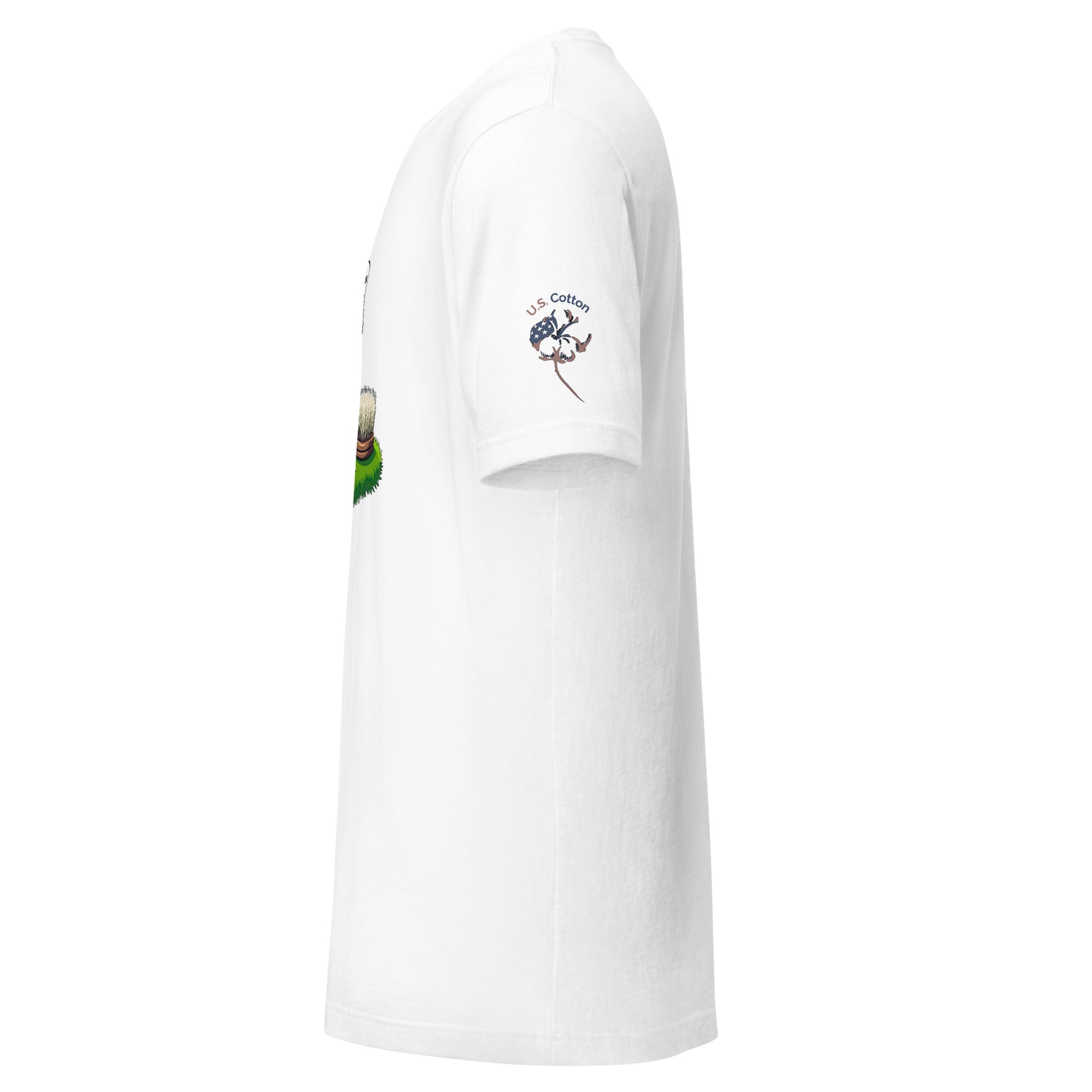 Product mockup. White T-shirt left view, "U.S. Cotton" boll emblem on right sleeve; partial grass green print with hamburger on chest.
