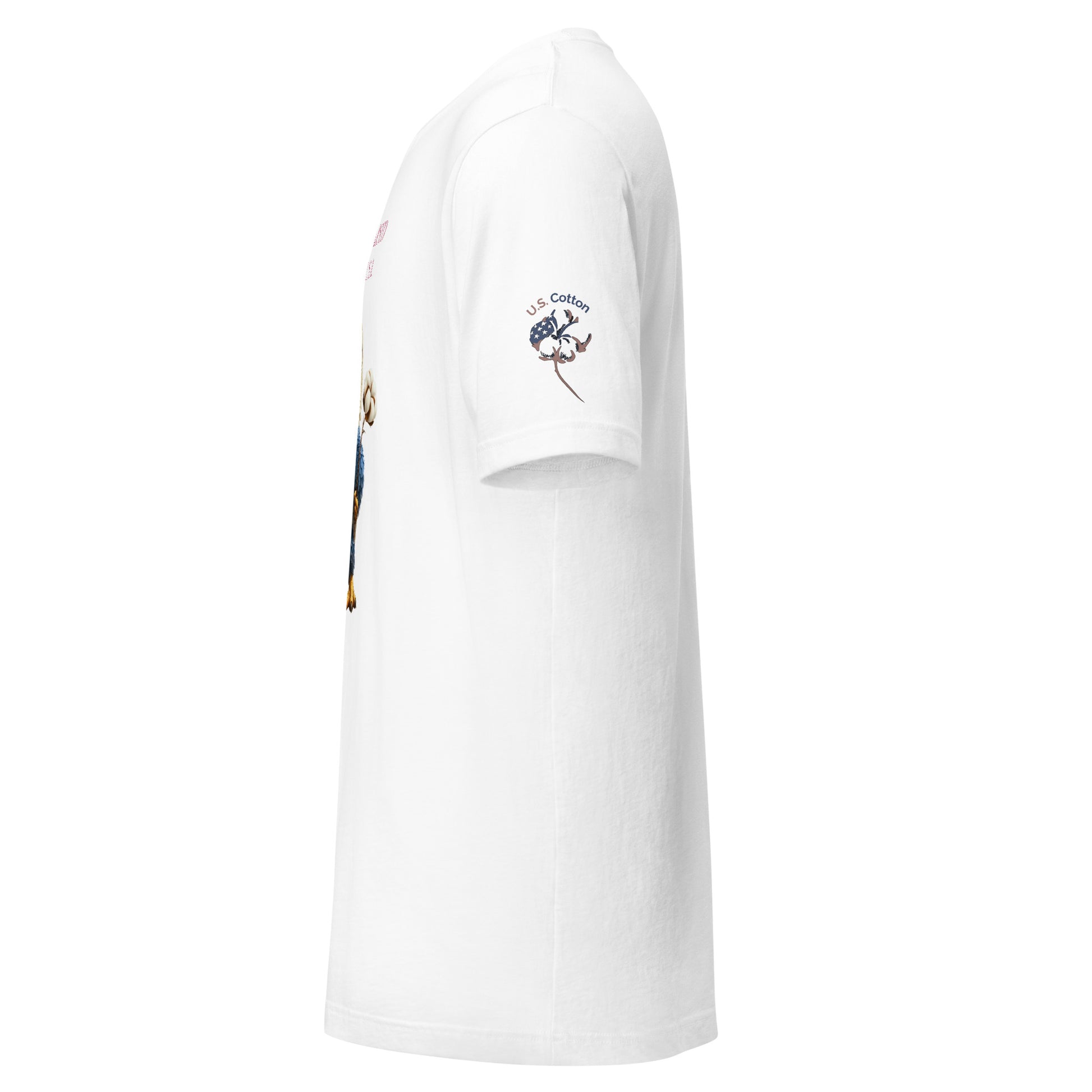 Product mockup. White T-shirt, left view, "U.S. Cotton" sleeve logo with boll; partial print of a cartoon blue eagle.