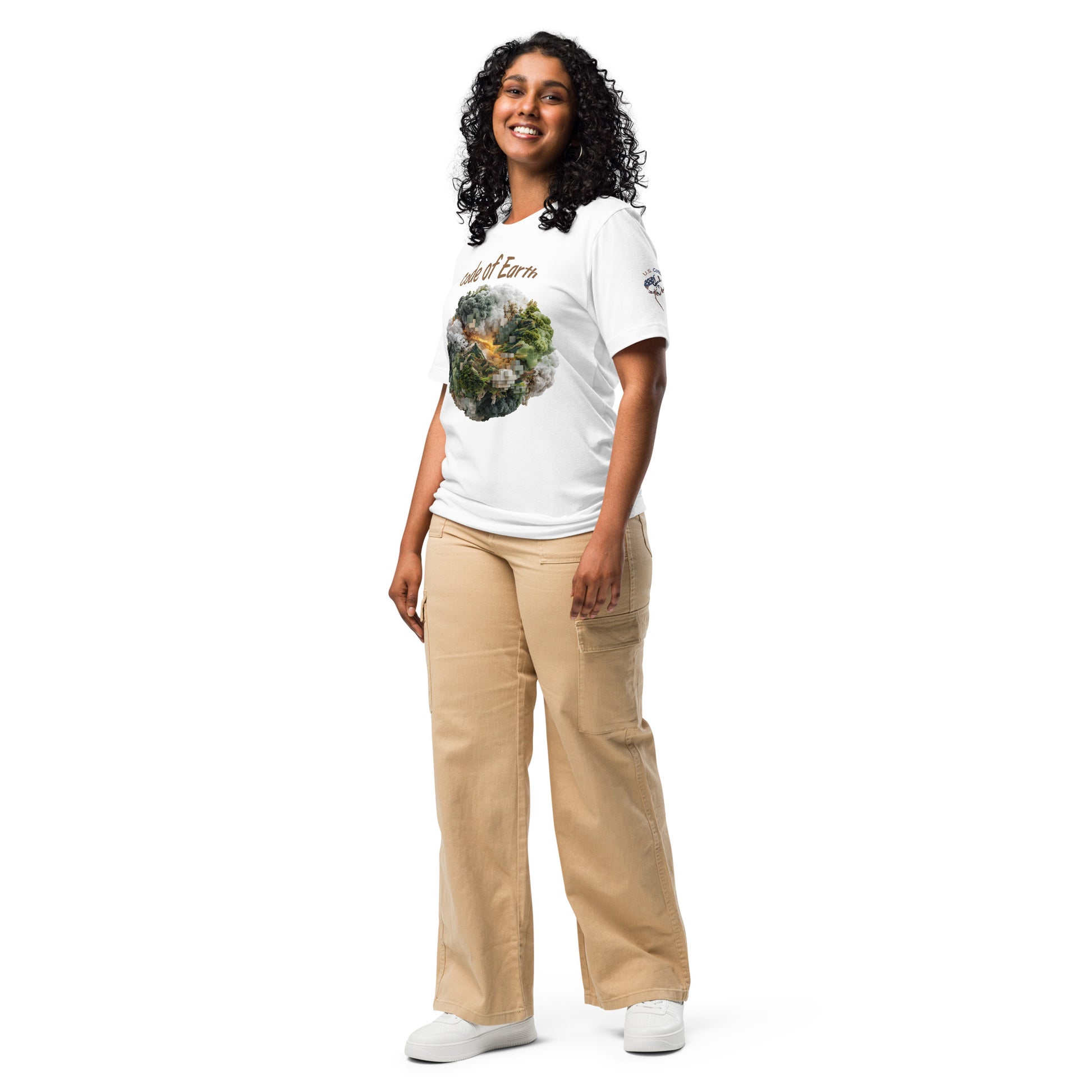 Product mockup. Woman in white T-shirt with "Code of Earth" text and a large, detailed globe and landscape print, "U.S. Cotton" logo on sleeve.